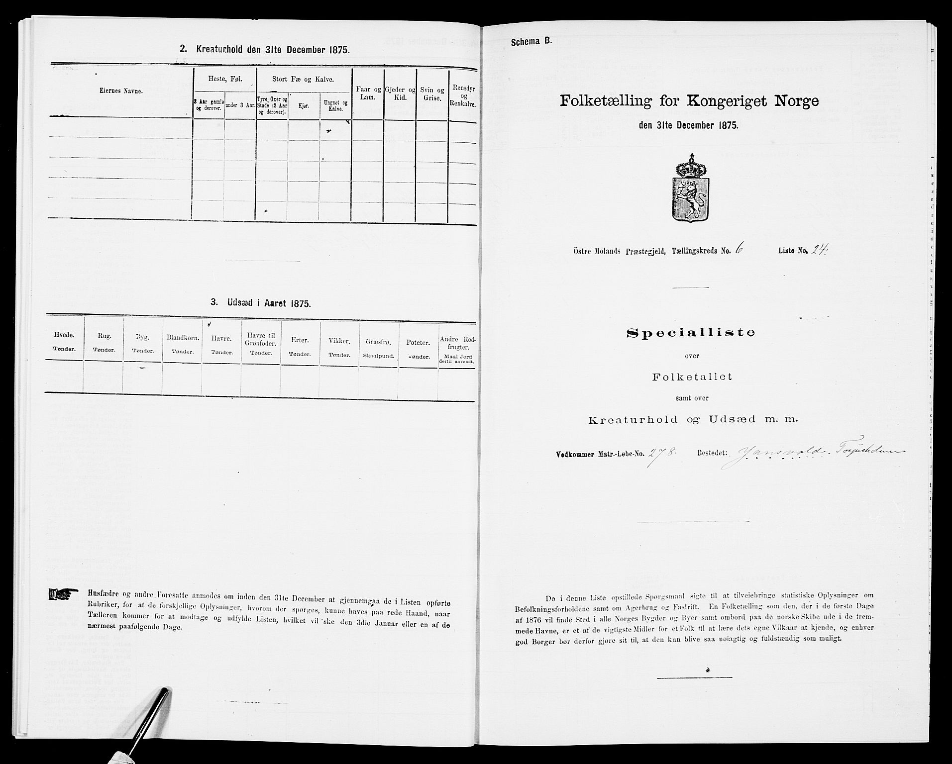 SAK, Folketelling 1875 for 0918P Austre Moland prestegjeld, 1875, s. 2076