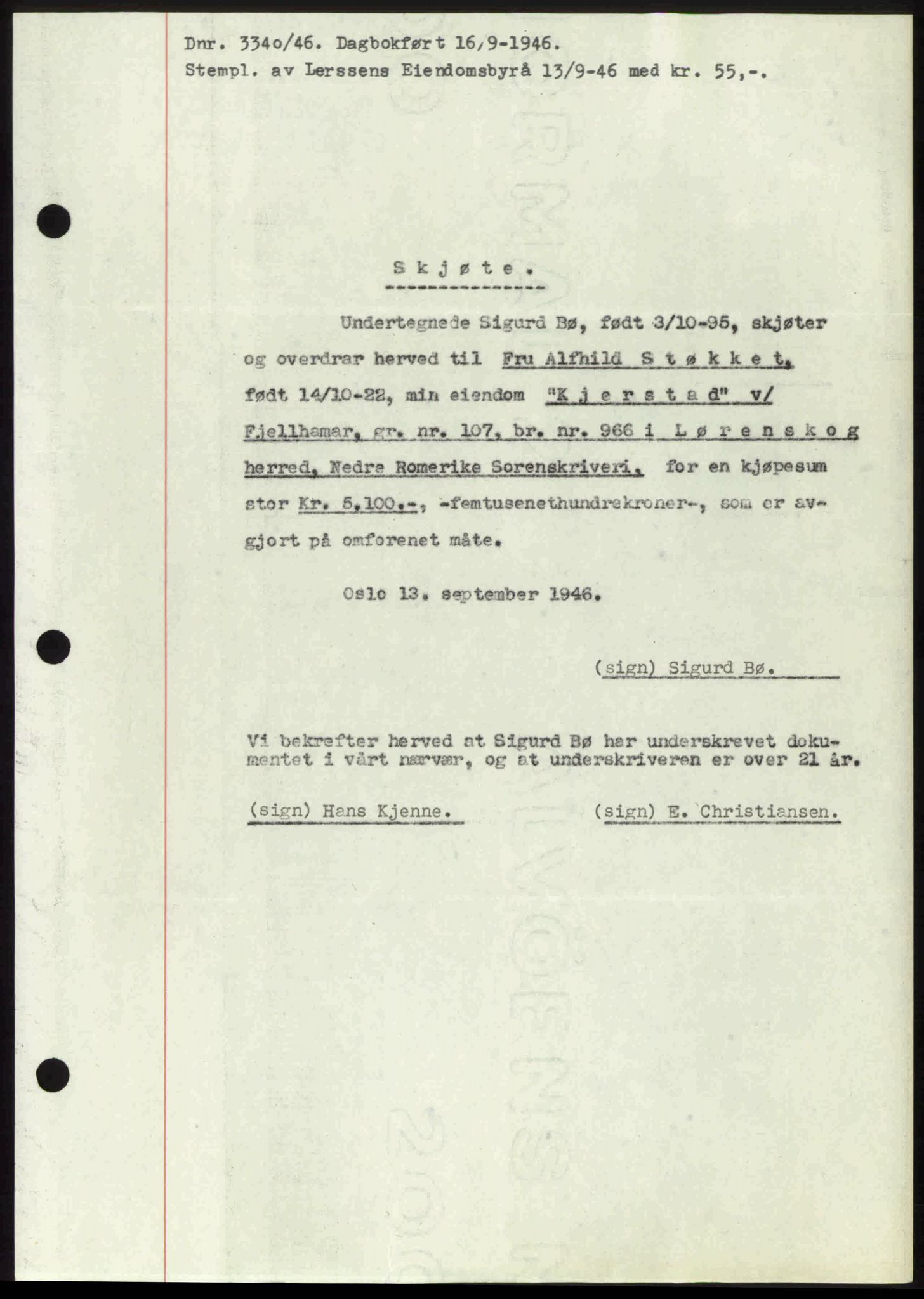 Nedre Romerike sorenskriveri, AV/SAO-A-10469/G/Gb/Gbd/L0017: Pantebok nr. 17, 1946-1946, Dagboknr: 3340/1946