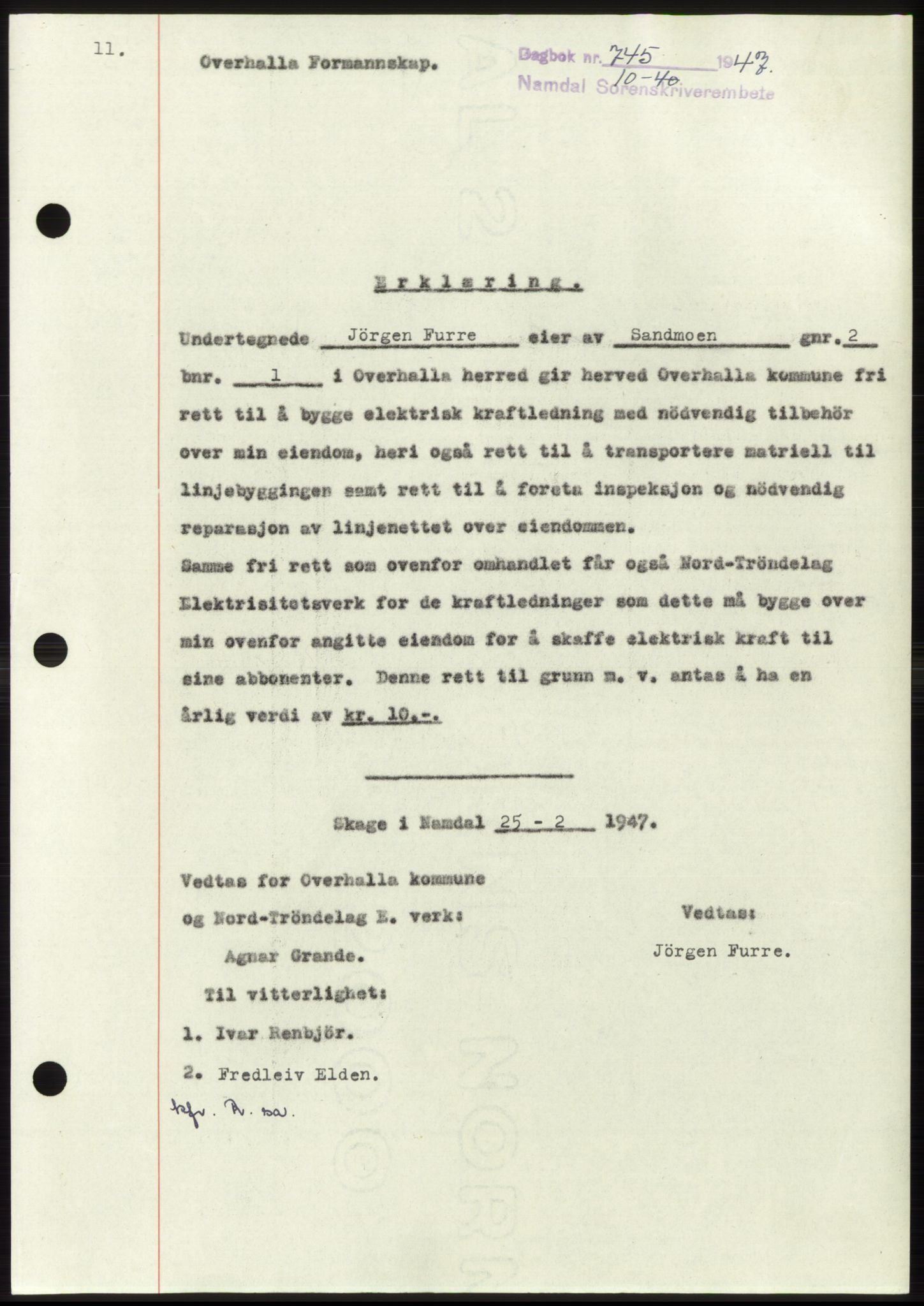 Namdal sorenskriveri, SAT/A-4133/1/2/2C: Pantebok nr. -, 1947-1947, Dagboknr: 745/1947