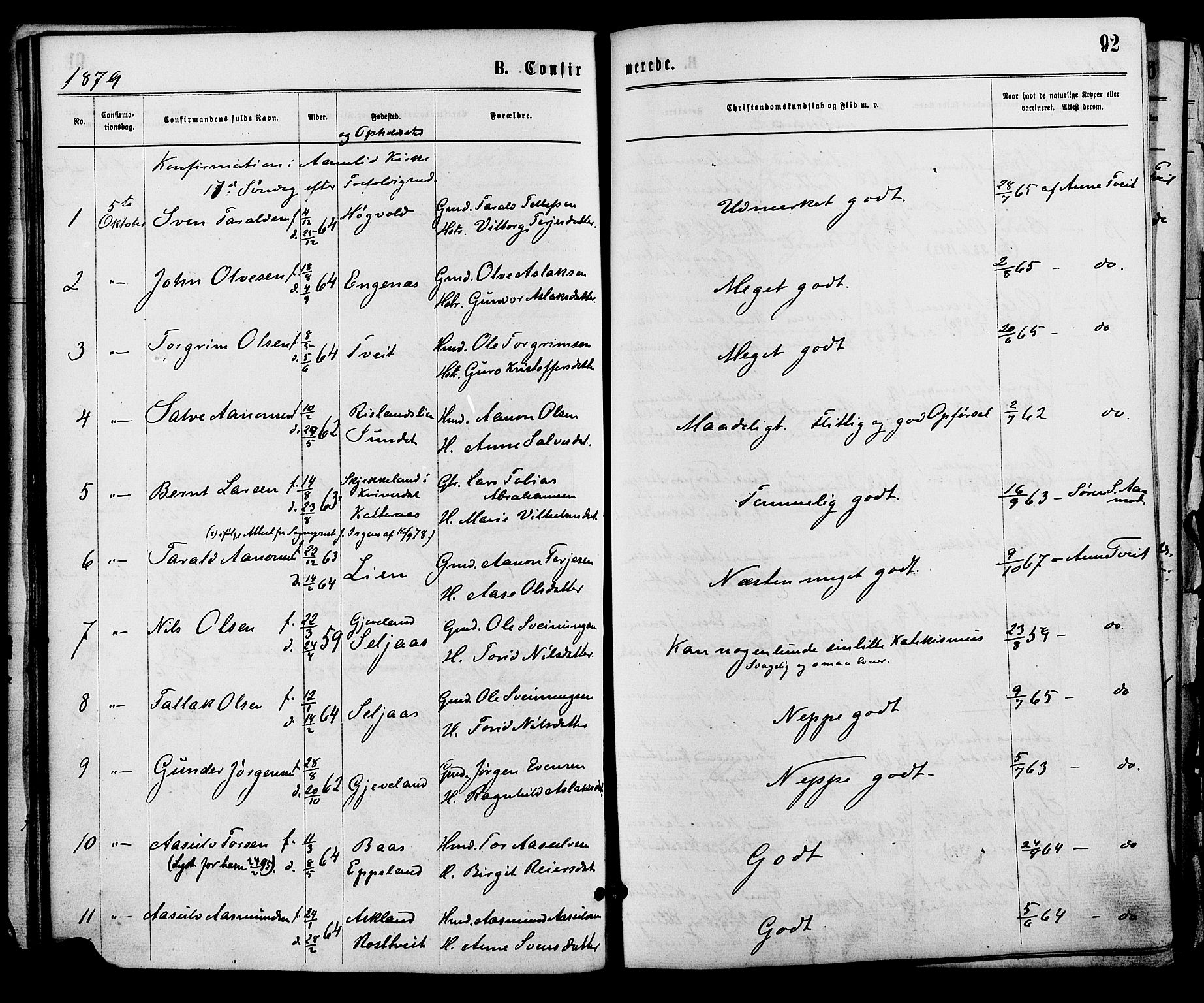 Åmli sokneprestkontor, SAK/1111-0050/F/Fa/Fac/L0009: Ministerialbok nr. A 9 /1, 1869-1884, s. 92