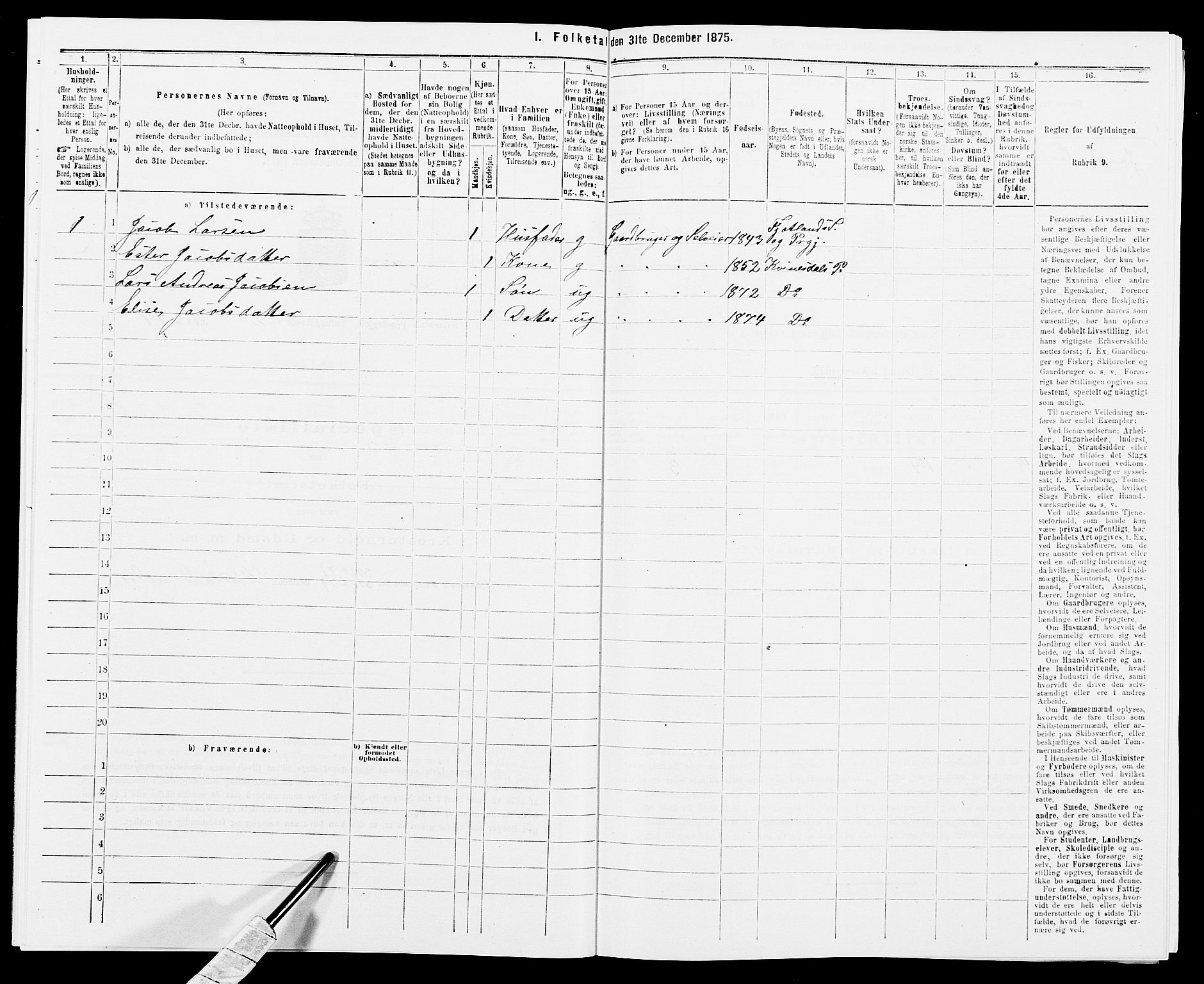 SAK, Folketelling 1875 for 1037P Kvinesdal prestegjeld, 1875, s. 306