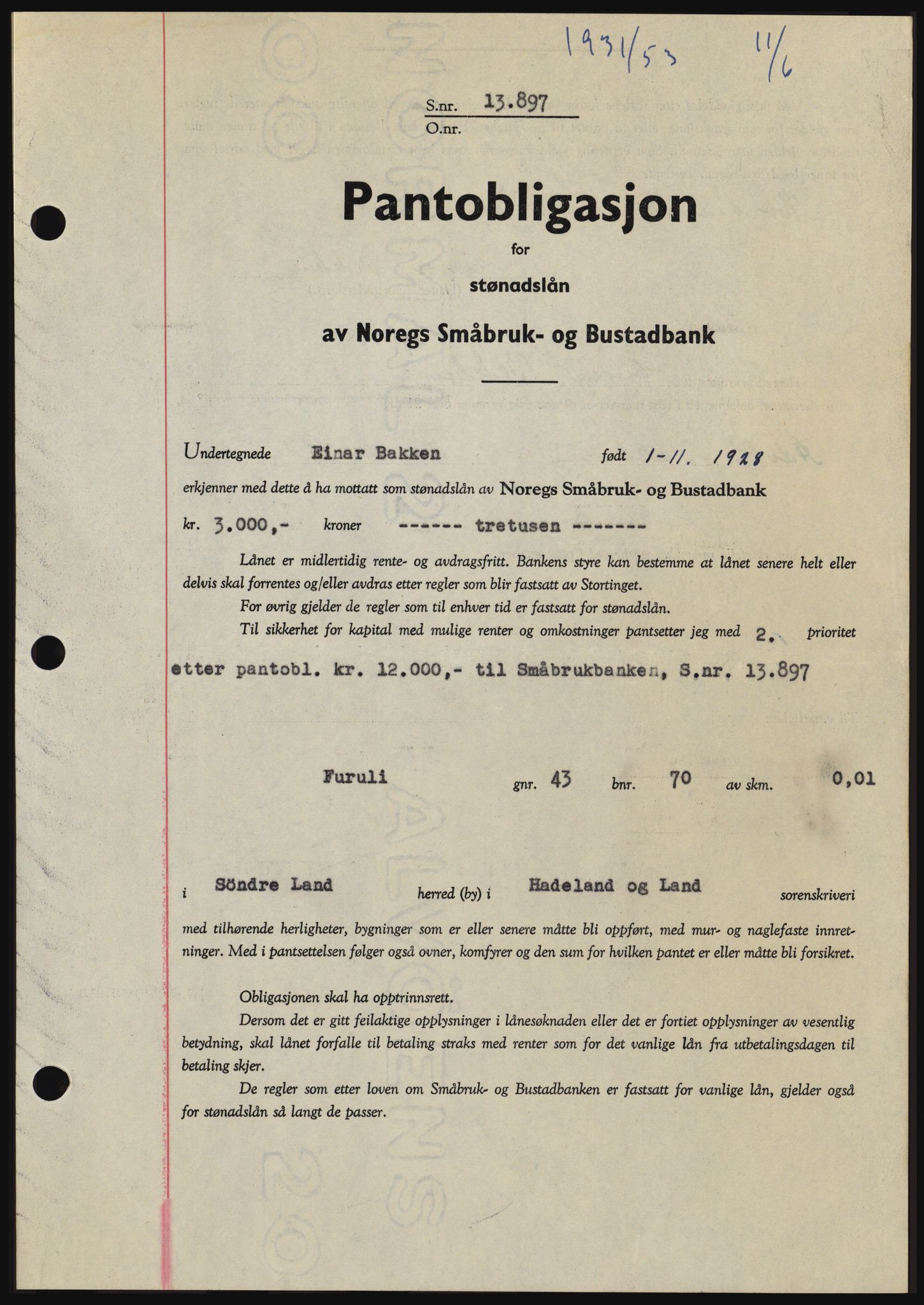 Hadeland og Land tingrett, SAH/TING-010/H/Hb/Hbc/L0027: Pantebok nr. B27, 1953-1953, Dagboknr: 1931/1953