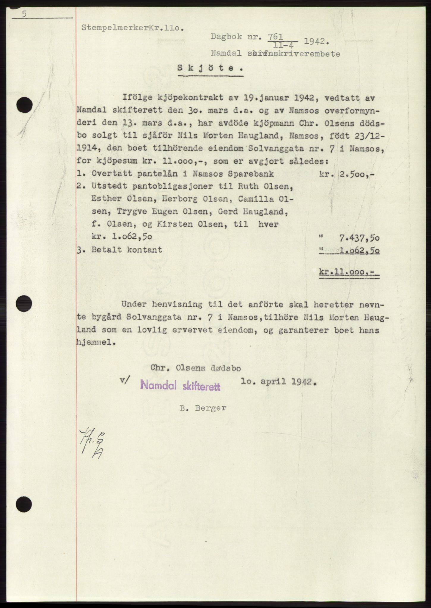 Namdal sorenskriveri, SAT/A-4133/1/2/2C: Pantebok nr. -, 1941-1942, Dagboknr: 761/1942