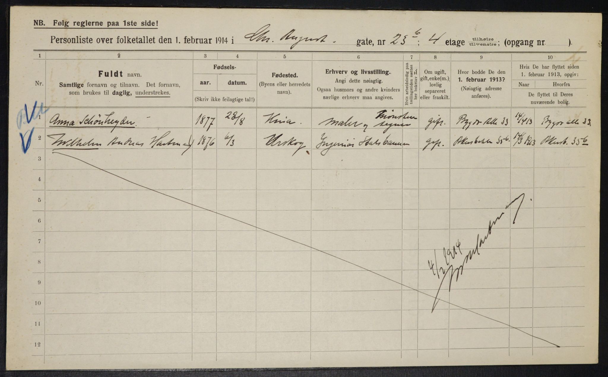 OBA, Kommunal folketelling 1.2.1914 for Kristiania, 1914, s. 54055