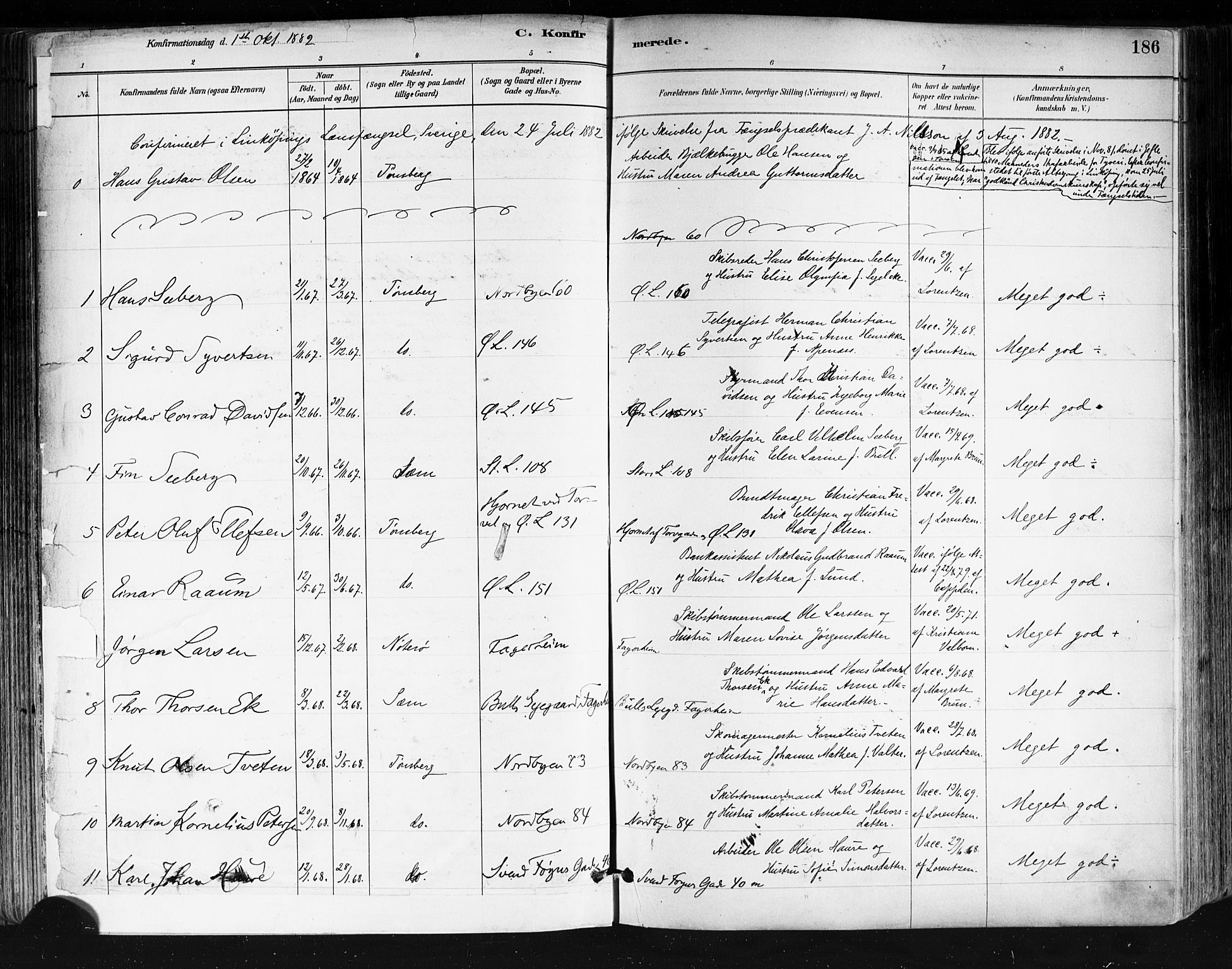 Tønsberg kirkebøker, AV/SAKO-A-330/F/Fa/L0011: Ministerialbok nr. I 11, 1881-1890, s. 186