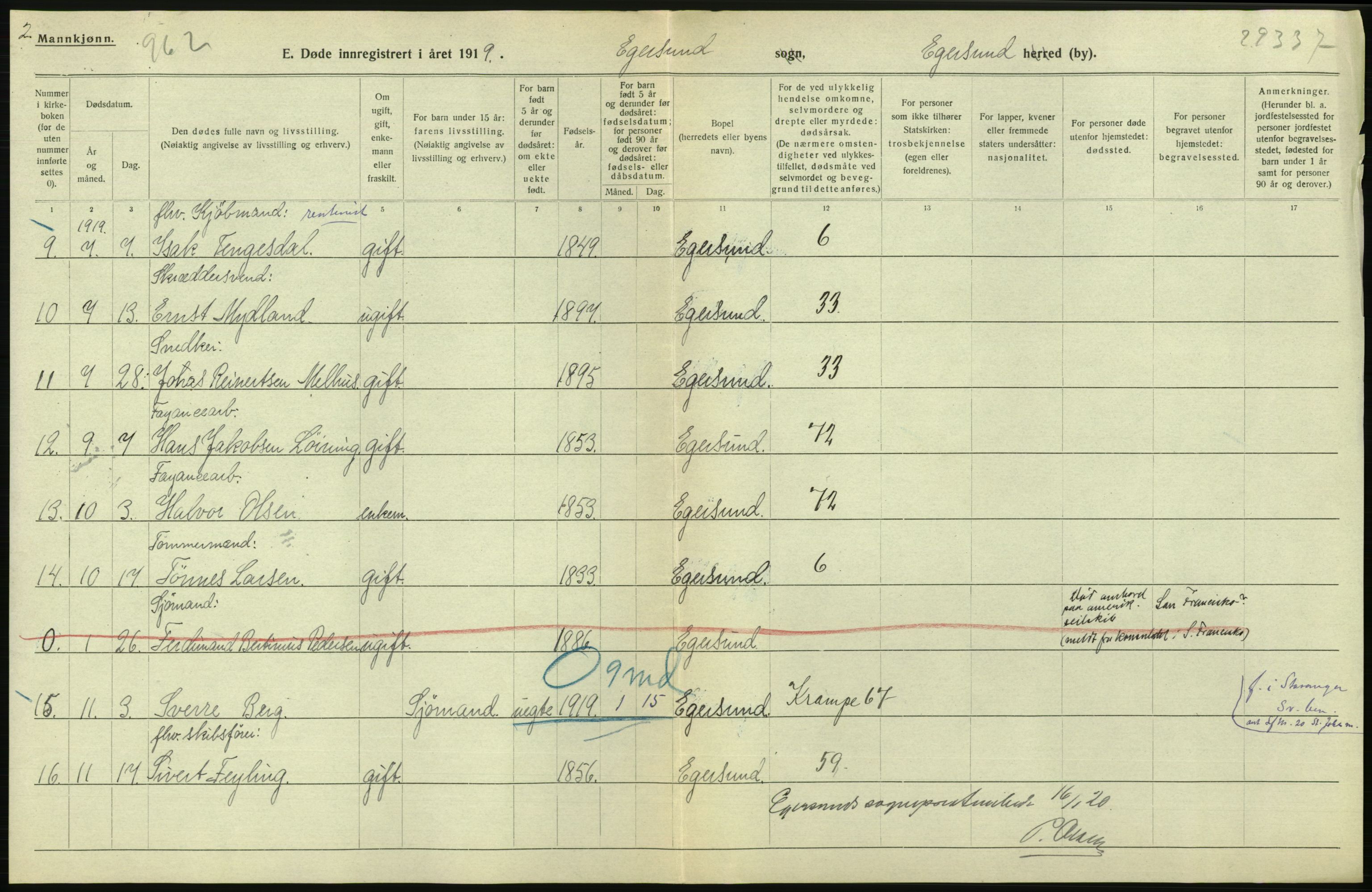 Statistisk sentralbyrå, Sosiodemografiske emner, Befolkning, RA/S-2228/D/Df/Dfb/Dfbi/L0030: Rogaland fylke: Døde. Bygder og byer., 1919, s. 438