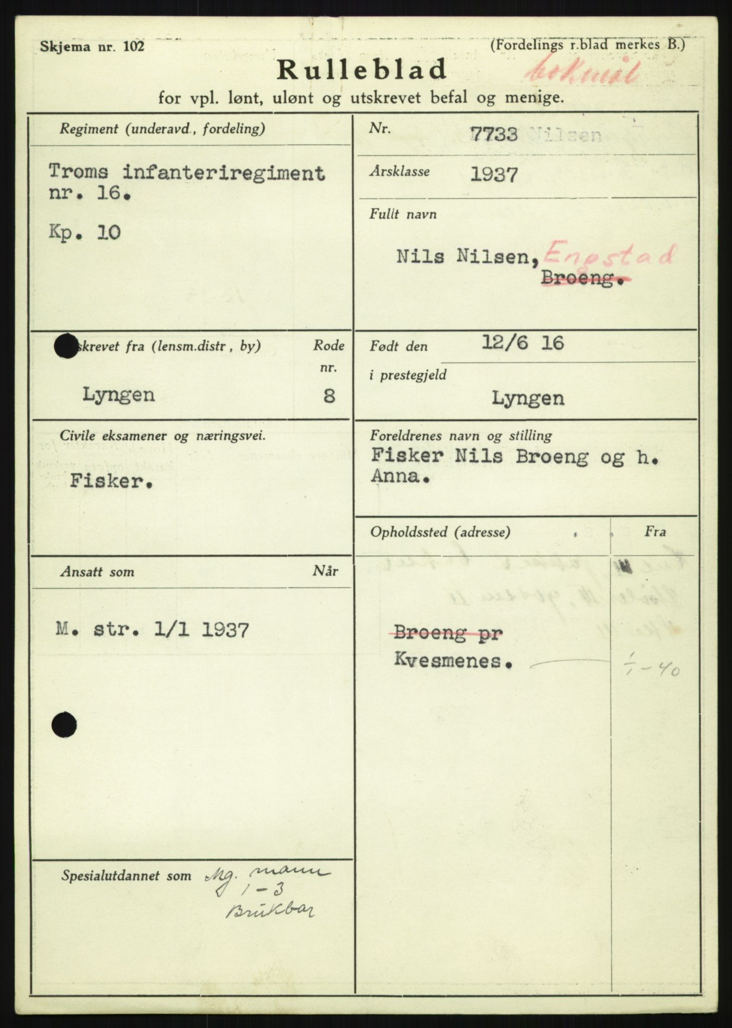 Forsvaret, Troms infanteriregiment nr. 16, AV/RA-RAFA-3146/P/Pa/L0021: Rulleblad for regimentets menige mannskaper, årsklasse 1937, 1937, s. 139