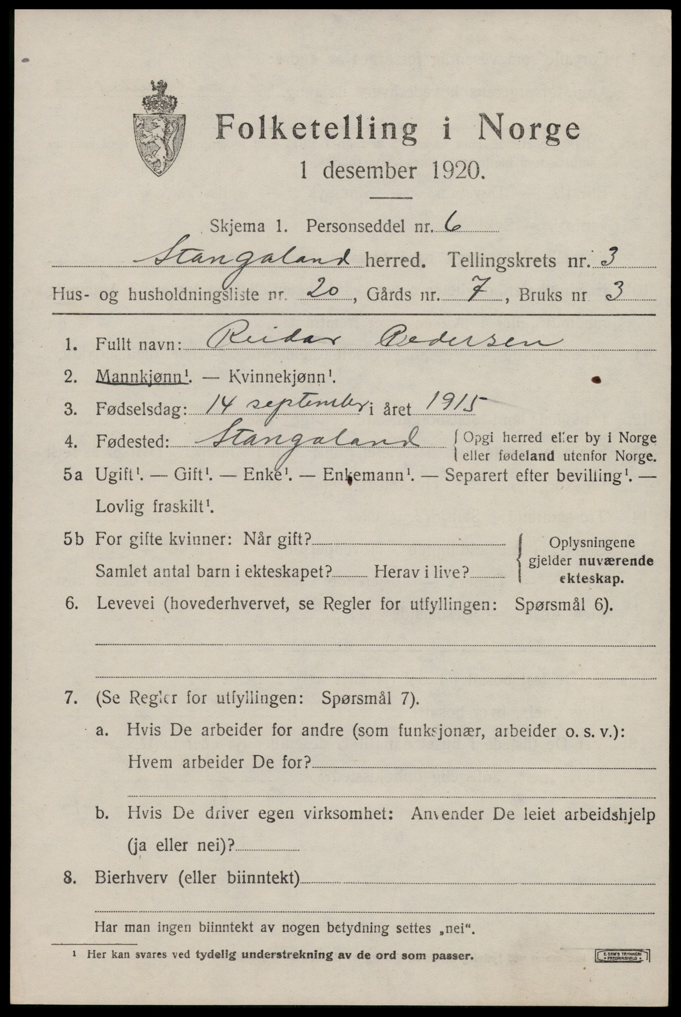 SAST, Folketelling 1920 for 1148 Stangaland herred, 1920, s. 2435