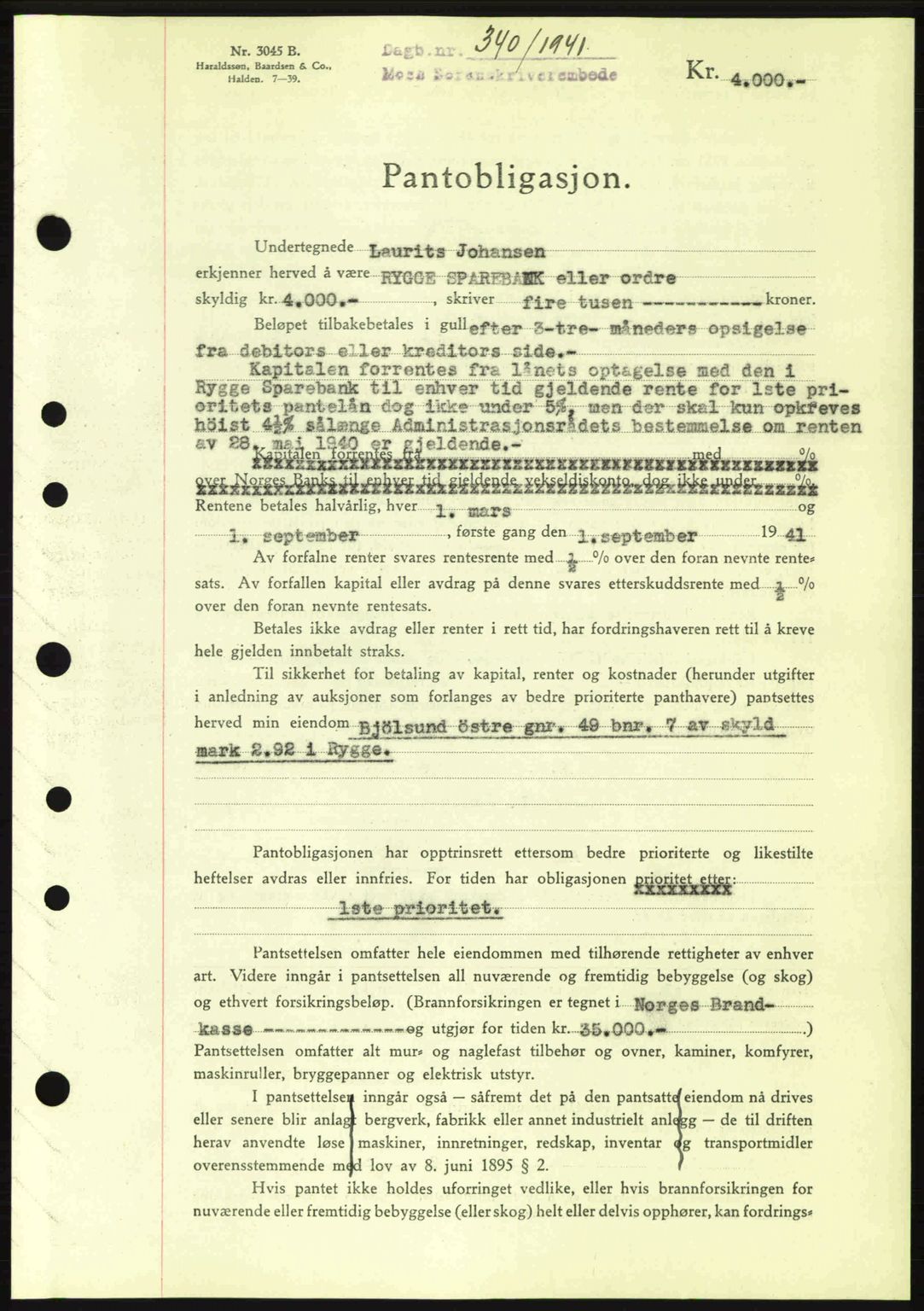 Moss sorenskriveri, SAO/A-10168: Pantebok nr. B10, 1940-1941, Dagboknr: 340/1941