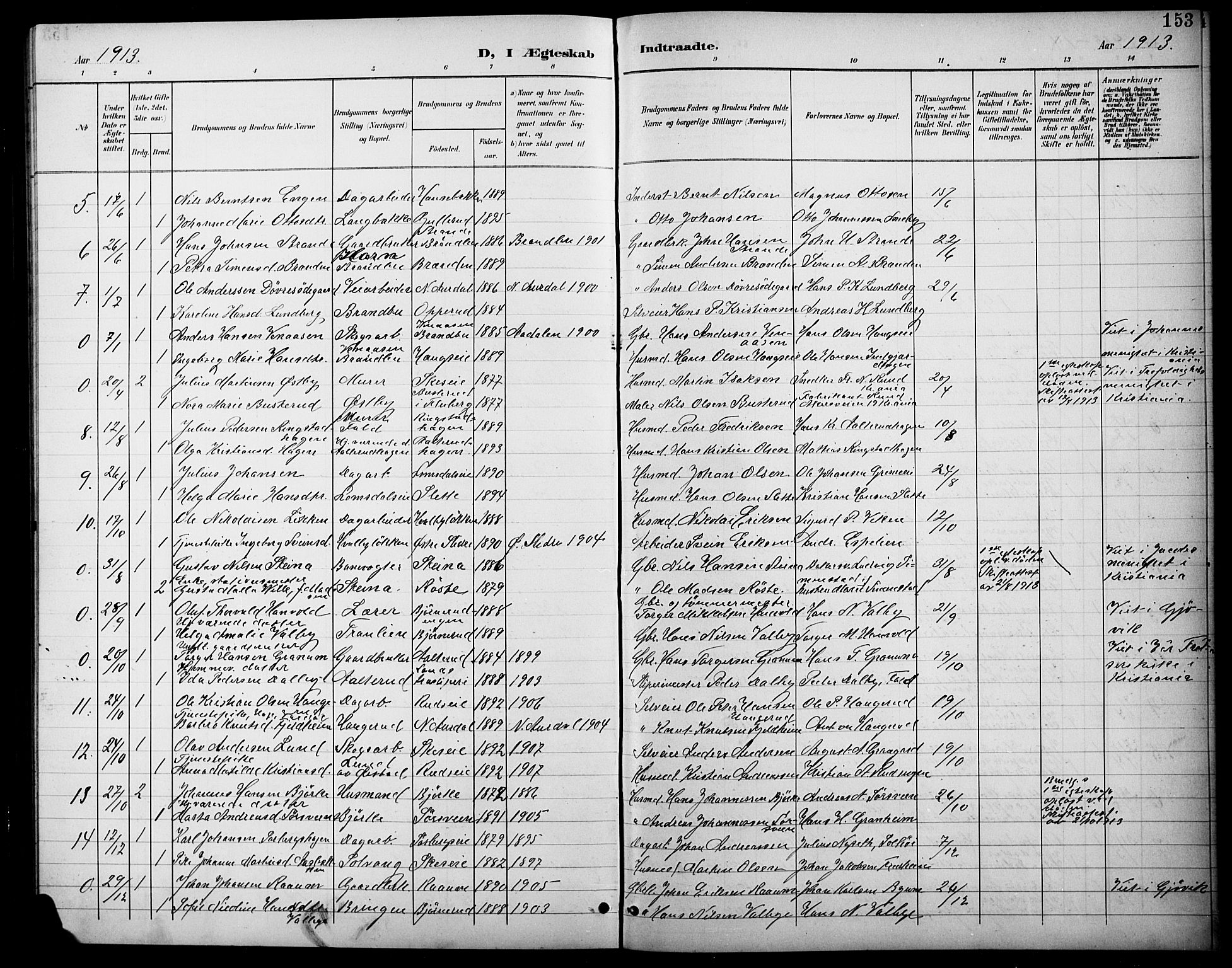 Søndre Land prestekontor, AV/SAH-PREST-122/L/L0004: Klokkerbok nr. 4, 1901-1915, s. 153