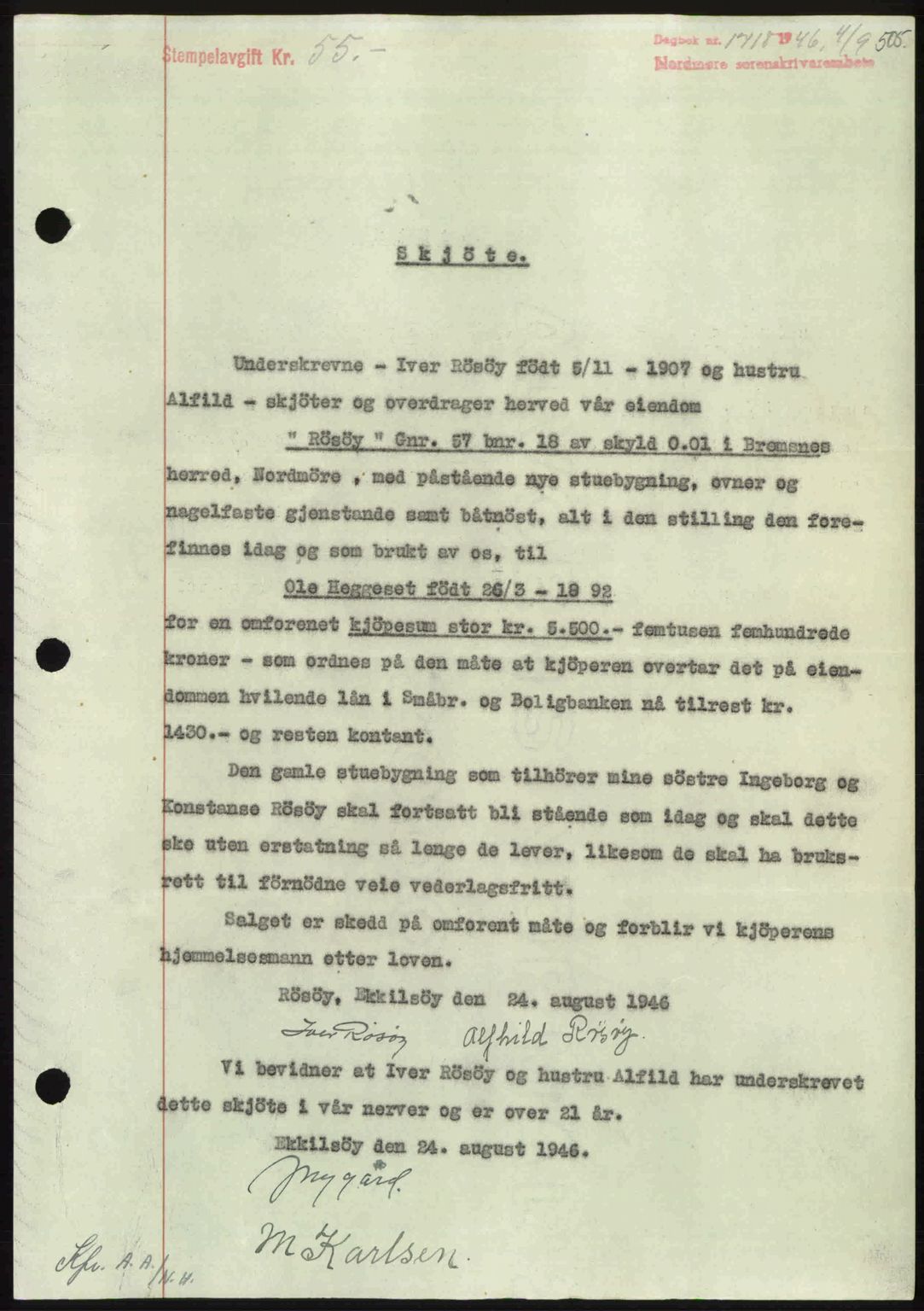 Nordmøre sorenskriveri, SAT/A-4132/1/2/2Ca: Pantebok nr. A102, 1946-1946, Dagboknr: 1718/1946