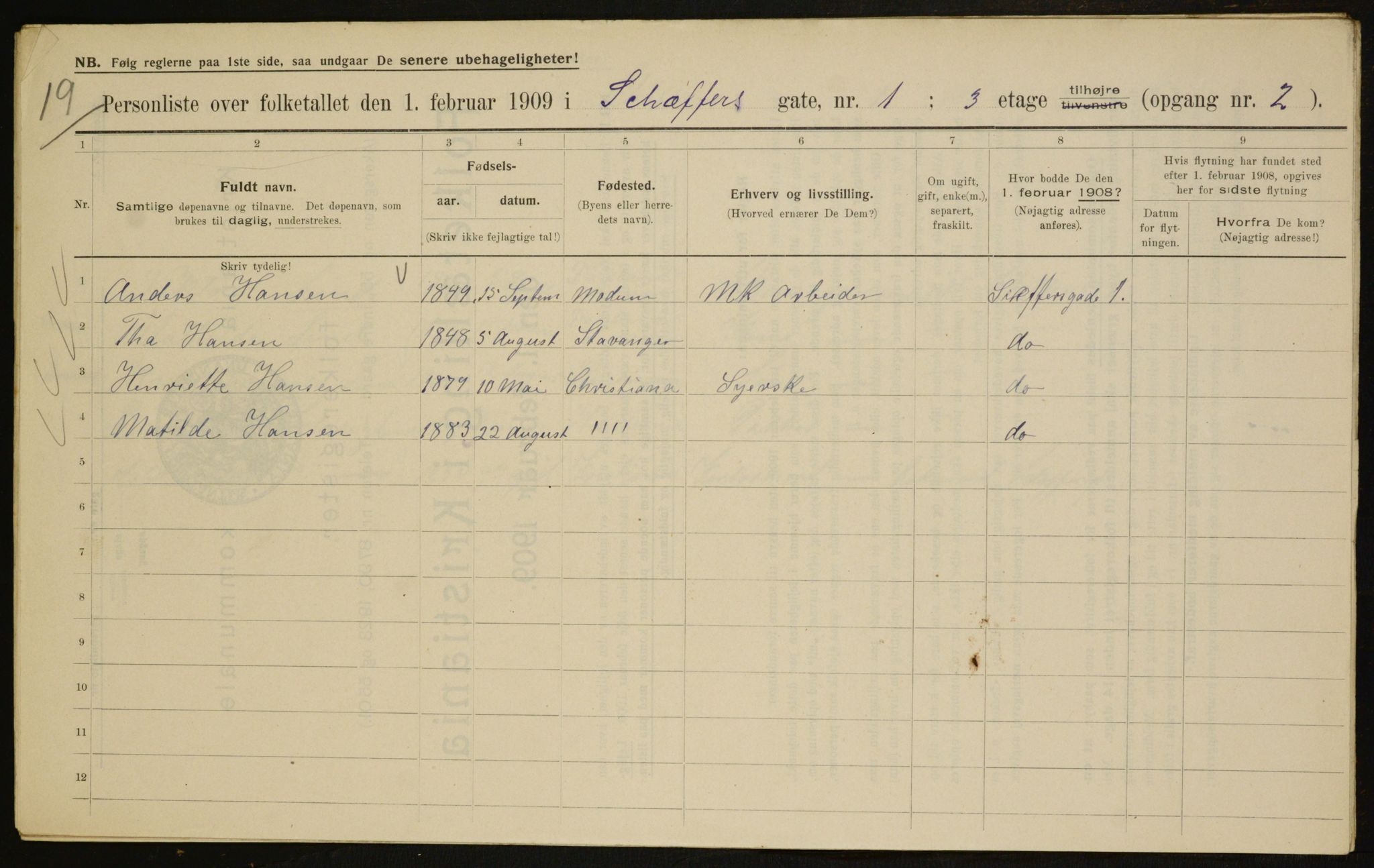 OBA, Kommunal folketelling 1.2.1909 for Kristiania kjøpstad, 1909, s. 84373