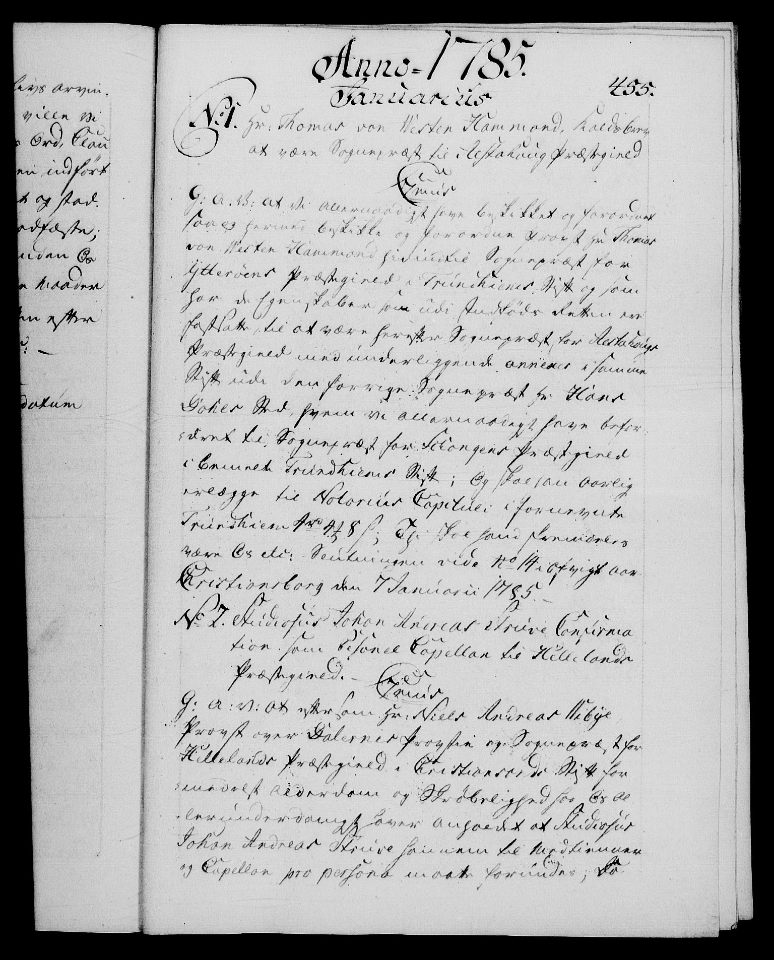 Danske Kanselli 1572-1799, AV/RA-EA-3023/F/Fc/Fca/Fcaa/L0050: Norske registre, 1784-1785, s. 455a