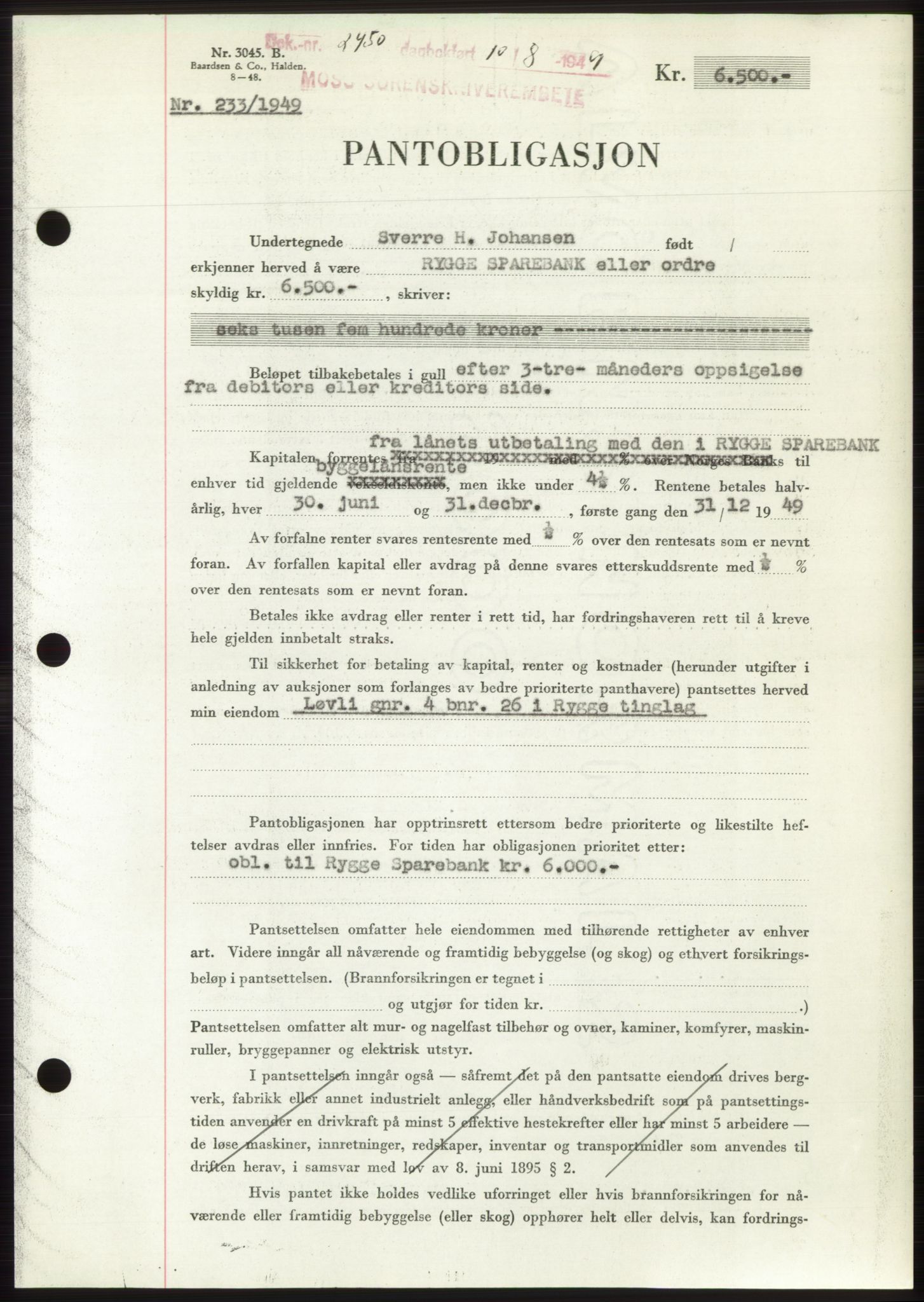 Moss sorenskriveri, SAO/A-10168: Pantebok nr. B22, 1949-1949, Dagboknr: 2450/1949