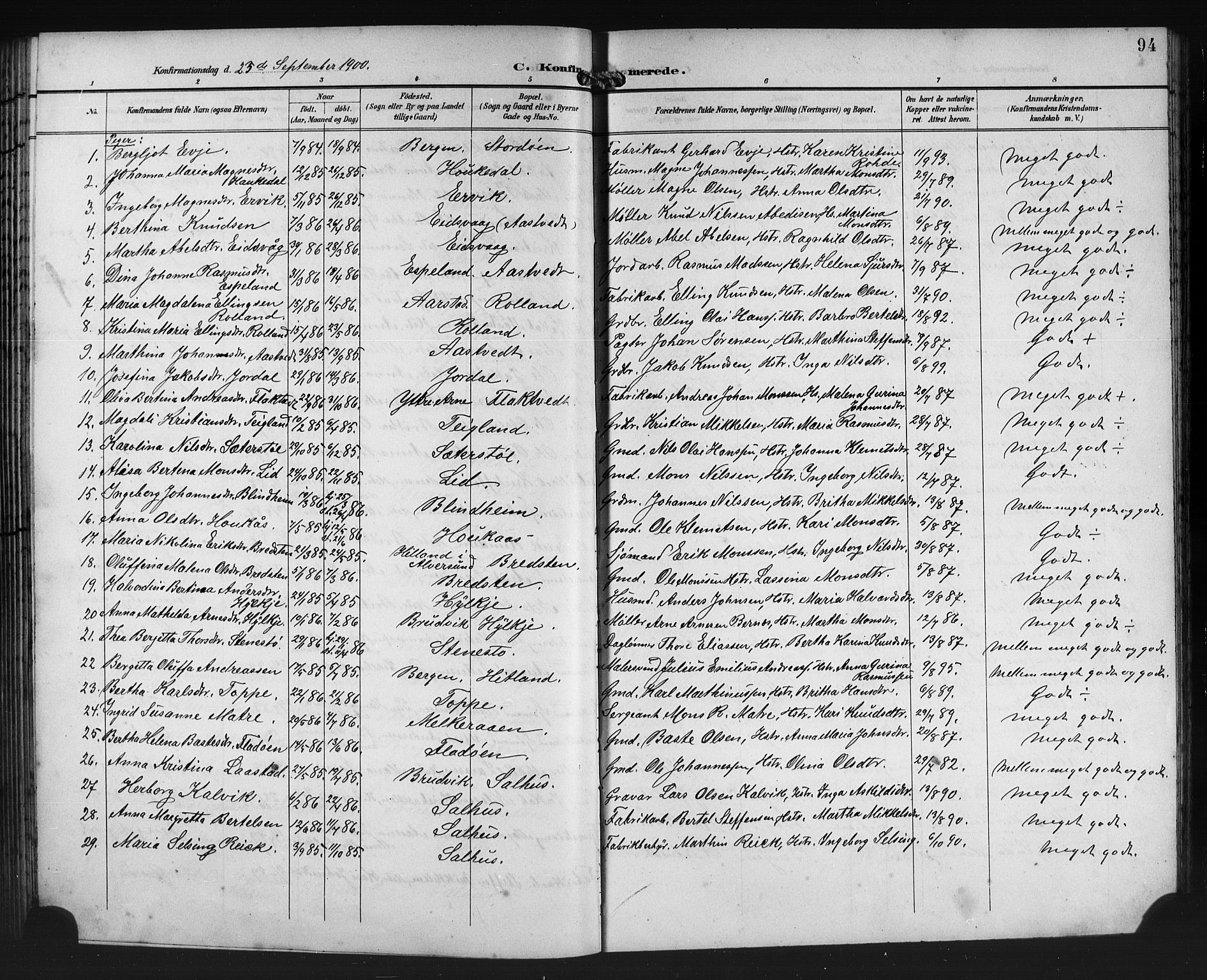 Åsane sokneprestembete, AV/SAB-A-79401/H/Hab: Klokkerbok nr. A 3, 1899-1915, s. 94