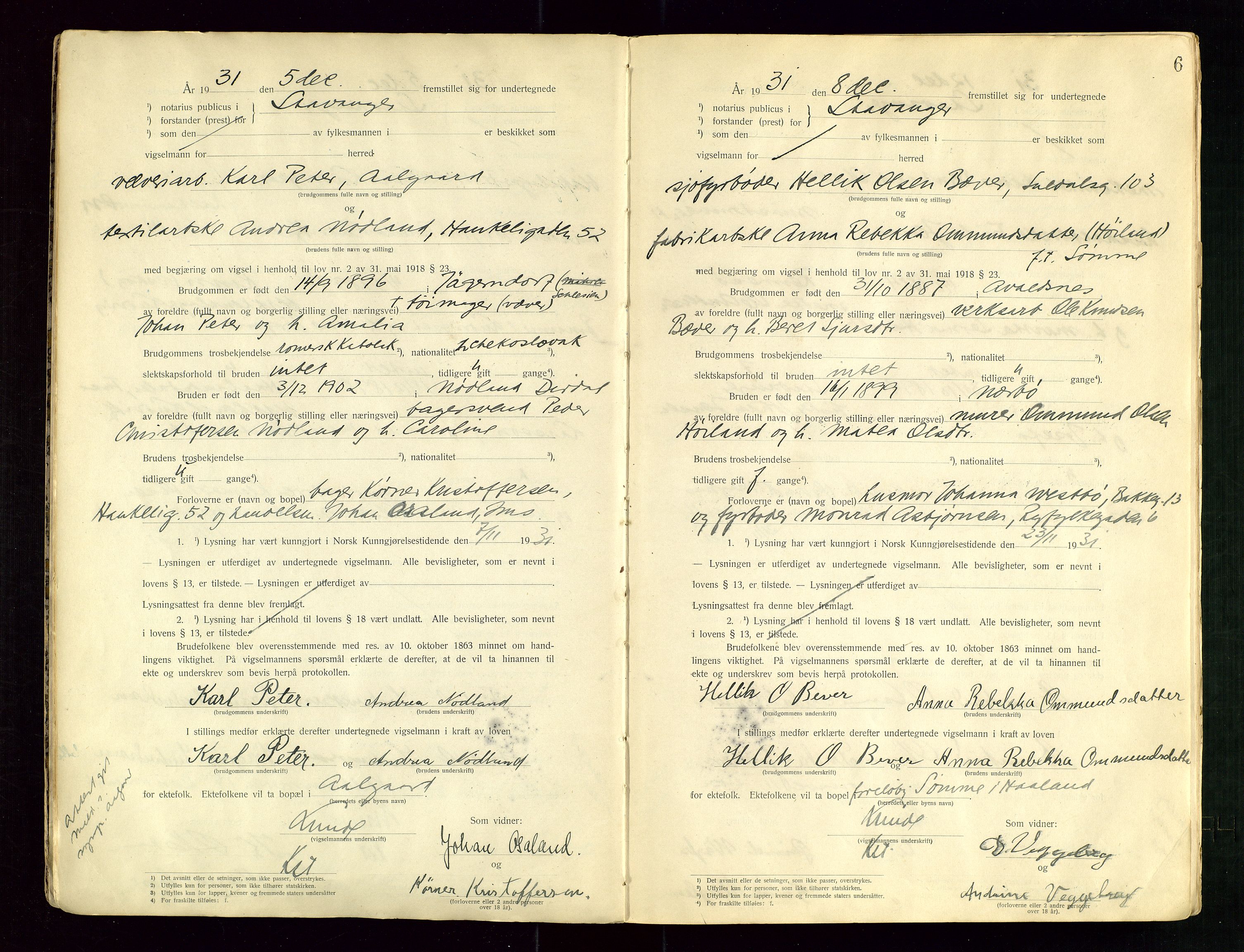 Stavanger byrett, AV/SAST-A-100455/001/6/62/62B/L0001: Vigselsprotokoll, 1931-1935, s. 6