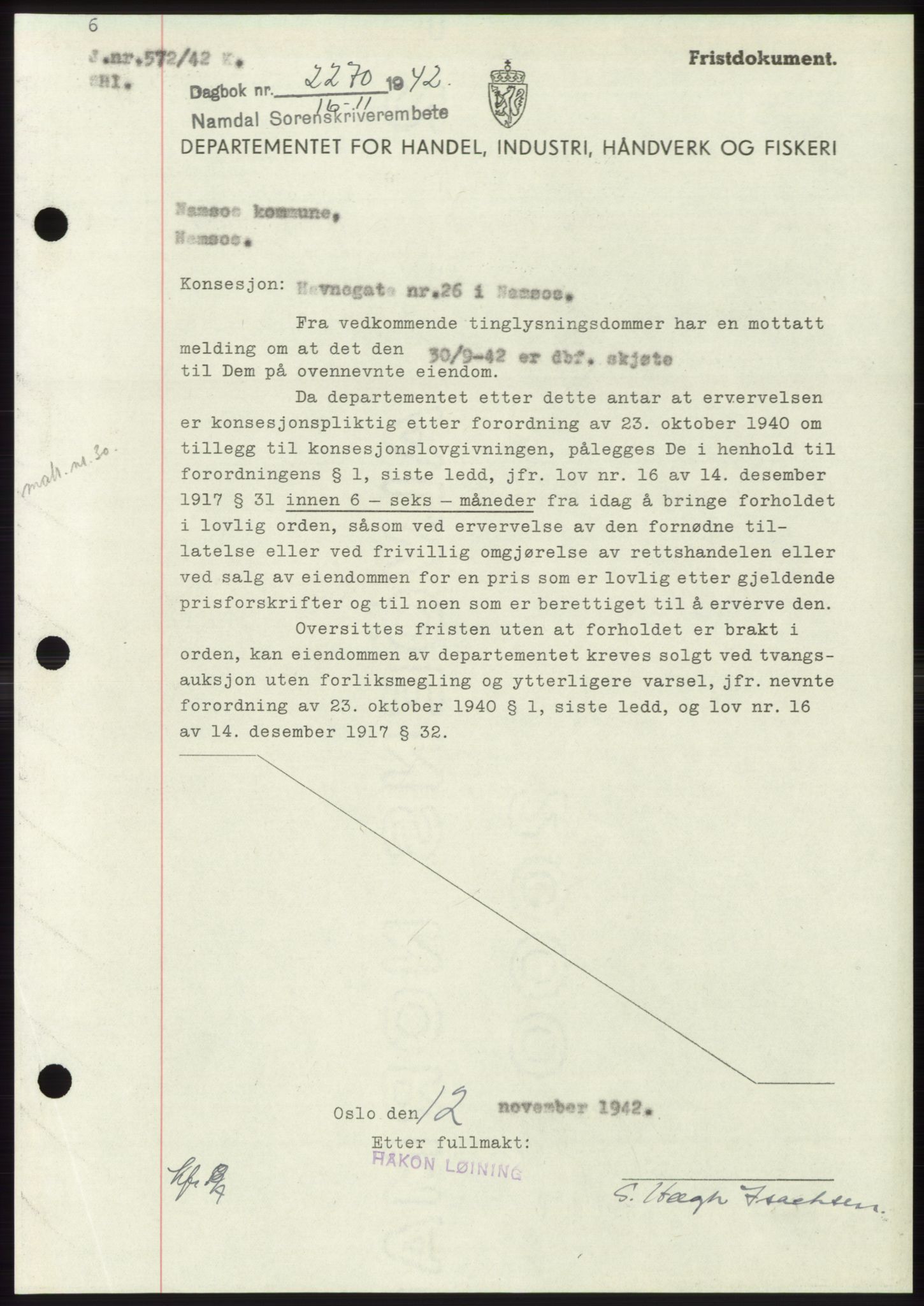 Namdal sorenskriveri, SAT/A-4133/1/2/2C: Pantebok nr. -, 1942-1943, Dagboknr: 2270/1942