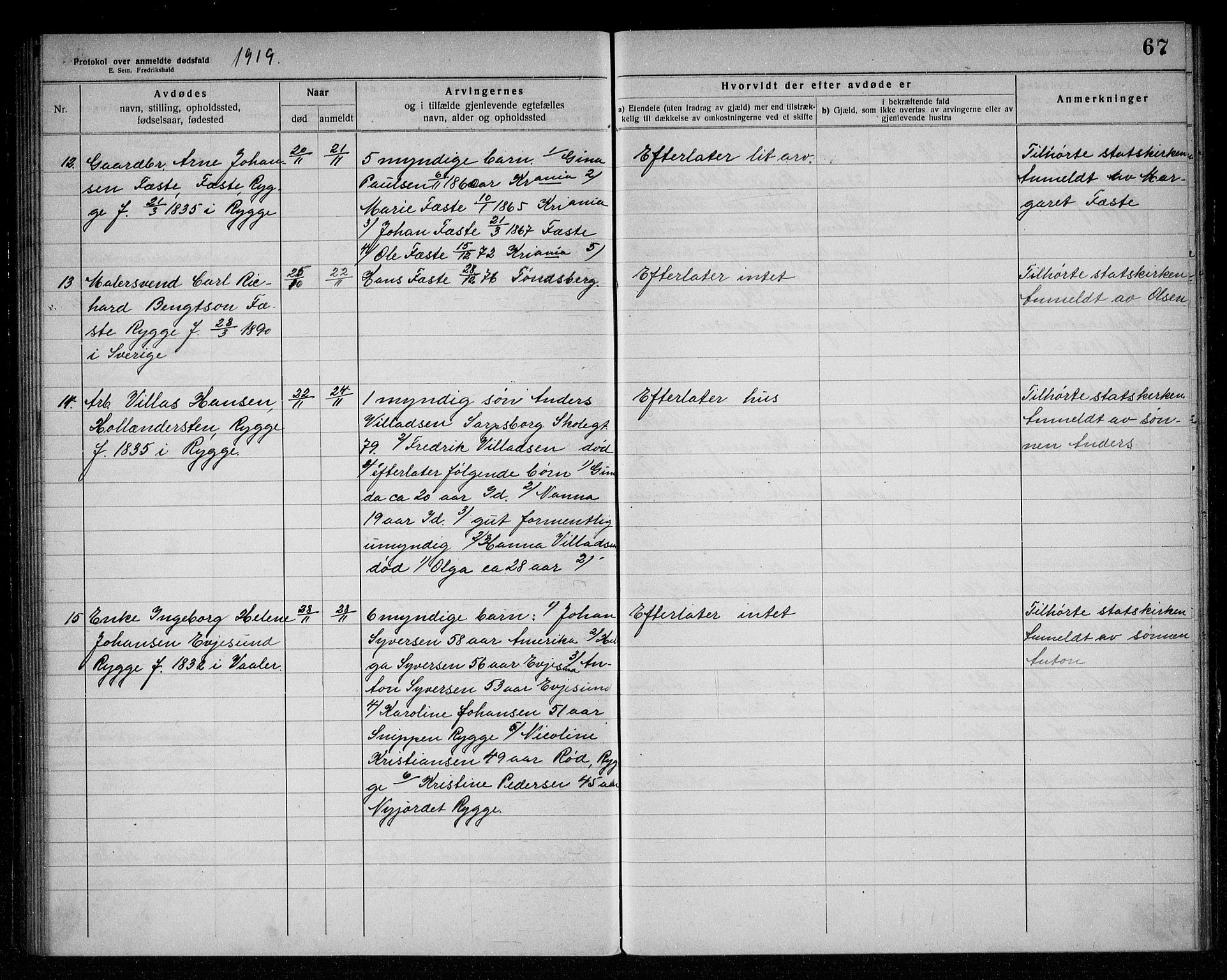 Rygge lensmannskontor, AV/SAO-A-10005/H/Ha/Haa/L0006: Dødsfallsprotokoll, 1916-1920, s. 67