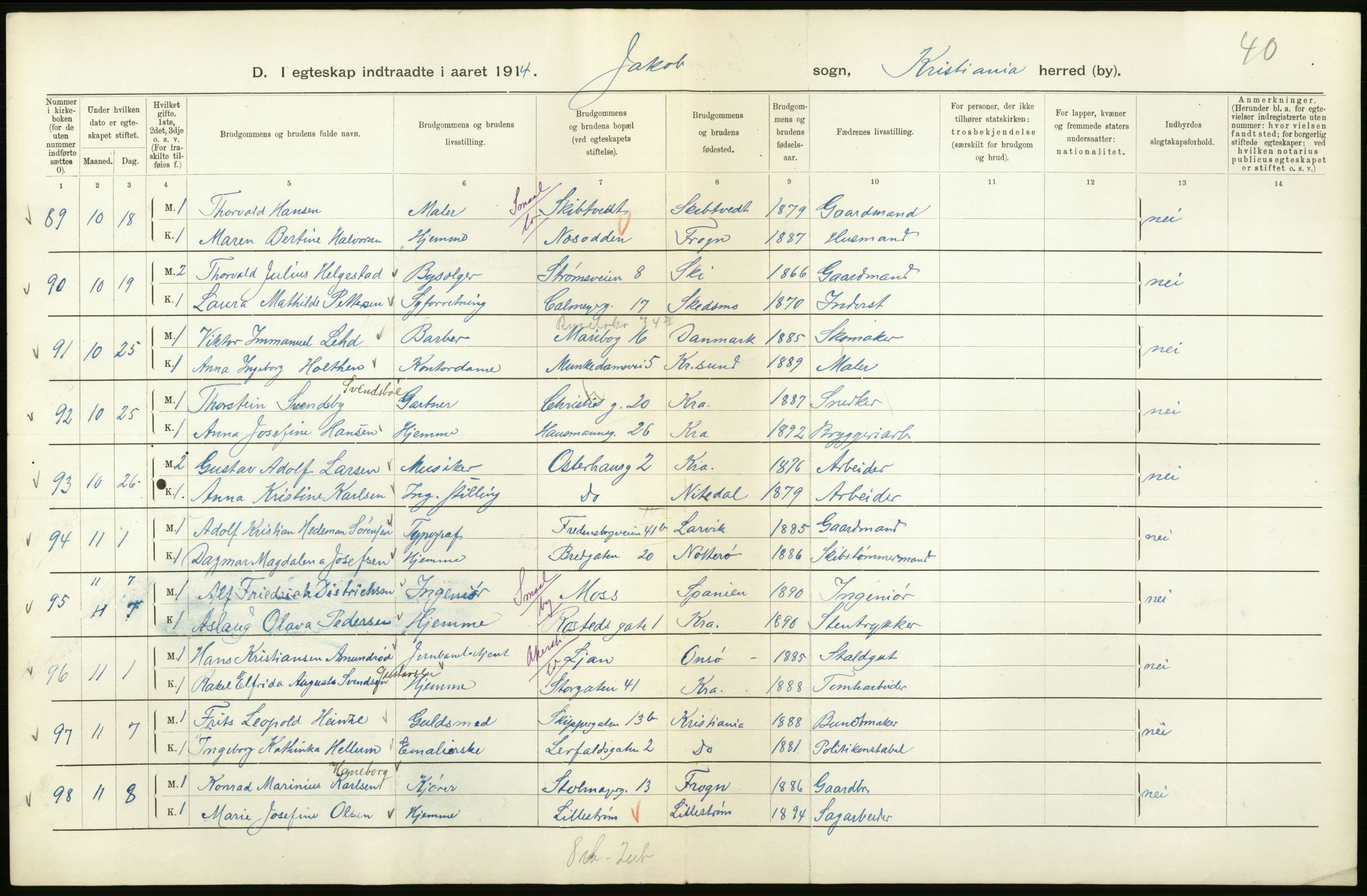 Statistisk sentralbyrå, Sosiodemografiske emner, Befolkning, AV/RA-S-2228/D/Df/Dfb/Dfbd/L0007: Kristiania: Gifte, 1914, s. 16