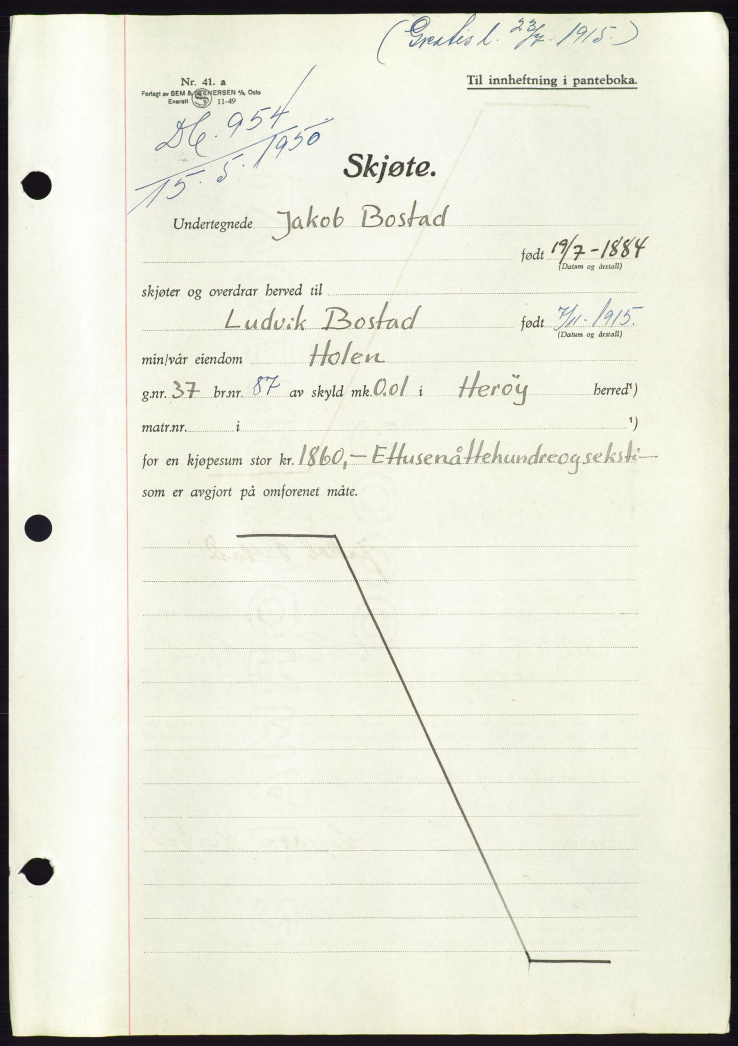 Søre Sunnmøre sorenskriveri, AV/SAT-A-4122/1/2/2C/L0086: Pantebok nr. 12A, 1949-1950, Dagboknr: 954/1950