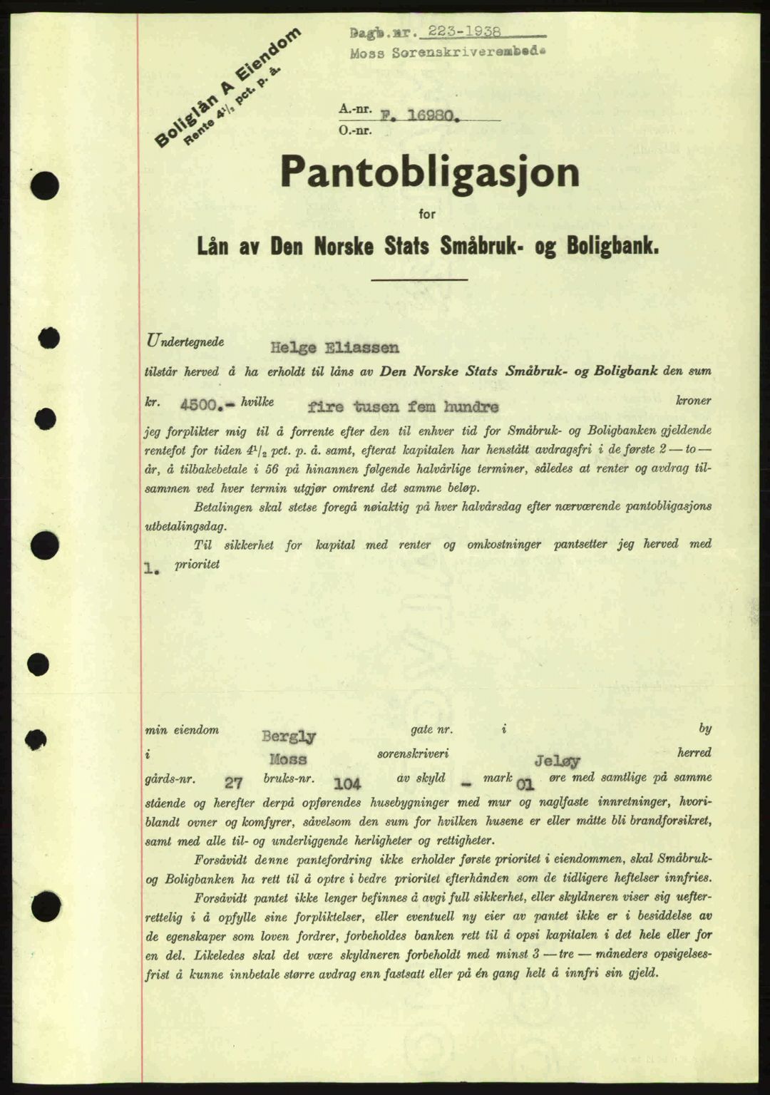 Moss sorenskriveri, SAO/A-10168: Pantebok nr. B4, 1937-1938, Dagboknr: 223/1938