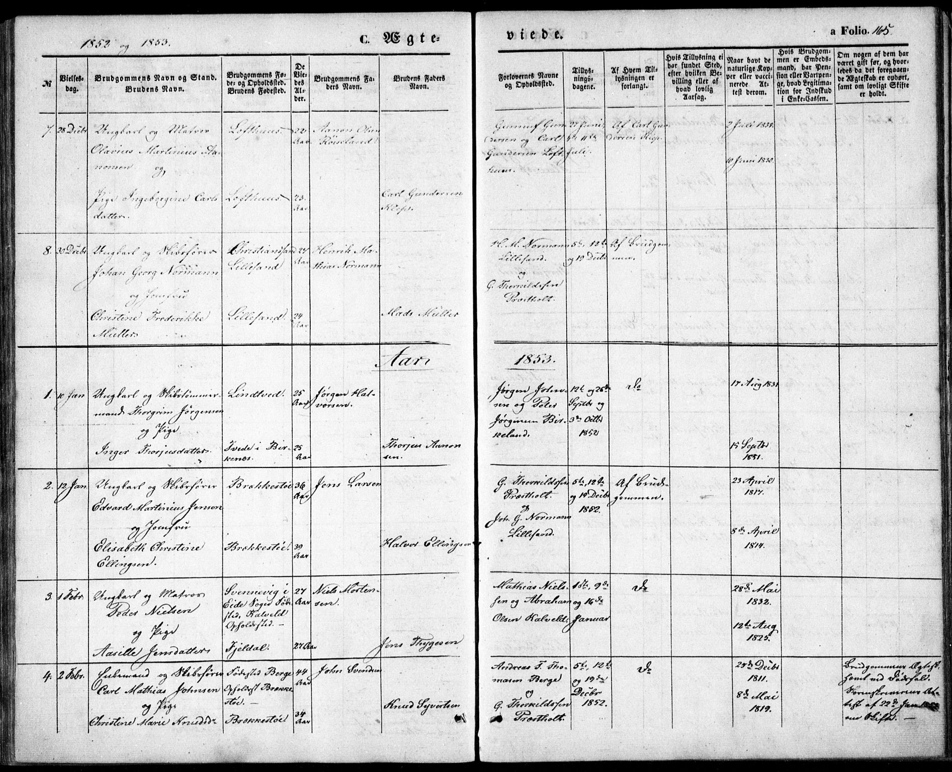 Vestre Moland sokneprestkontor, SAK/1111-0046/F/Fb/Fbb/L0003: Klokkerbok nr. B 3, 1851-1861, s. 165