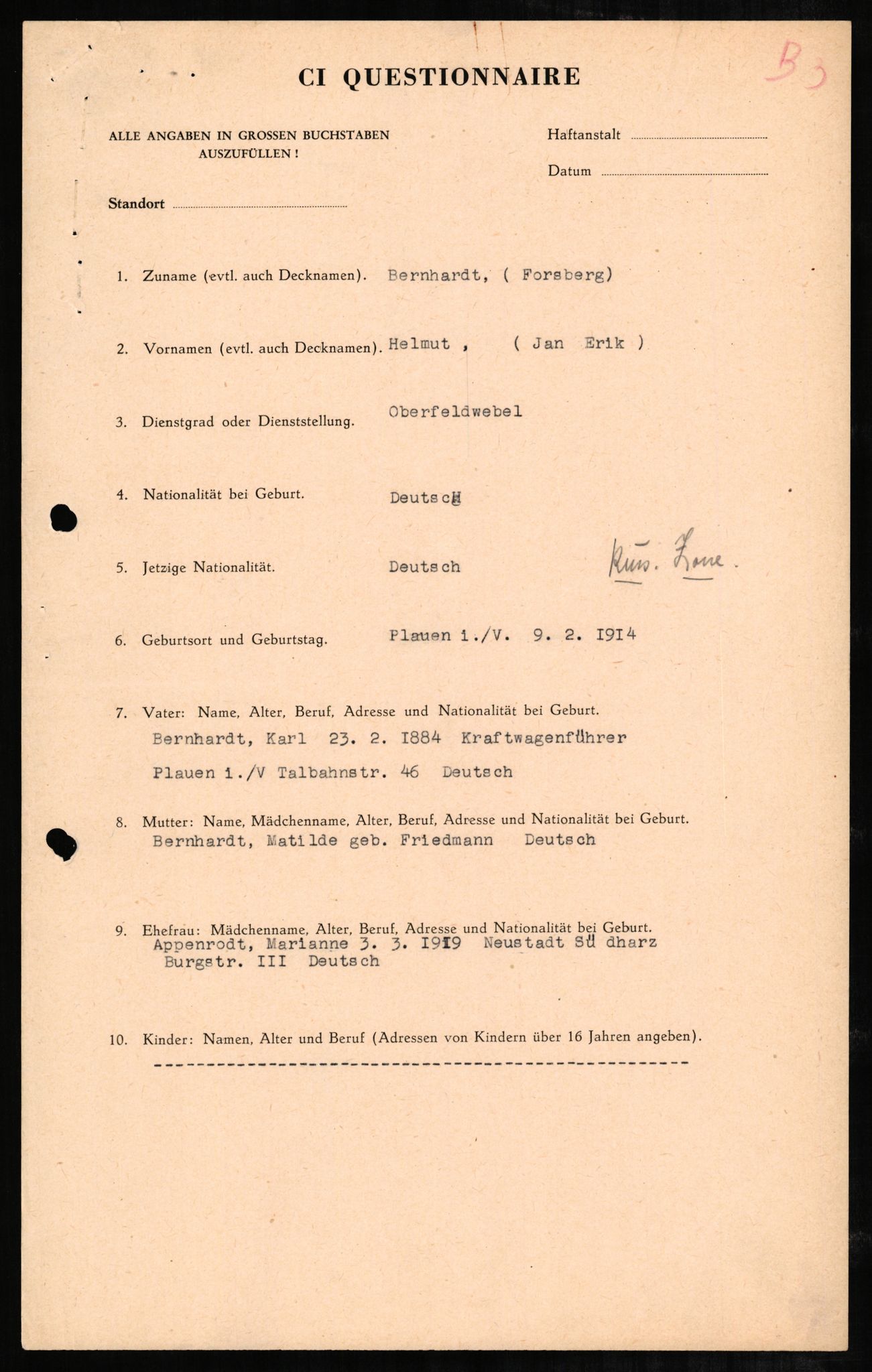 Forsvaret, Forsvarets overkommando II, RA/RAFA-3915/D/Db/L0002: CI Questionaires. Tyske okkupasjonsstyrker i Norge. Tyskere., 1945-1946, s. 601