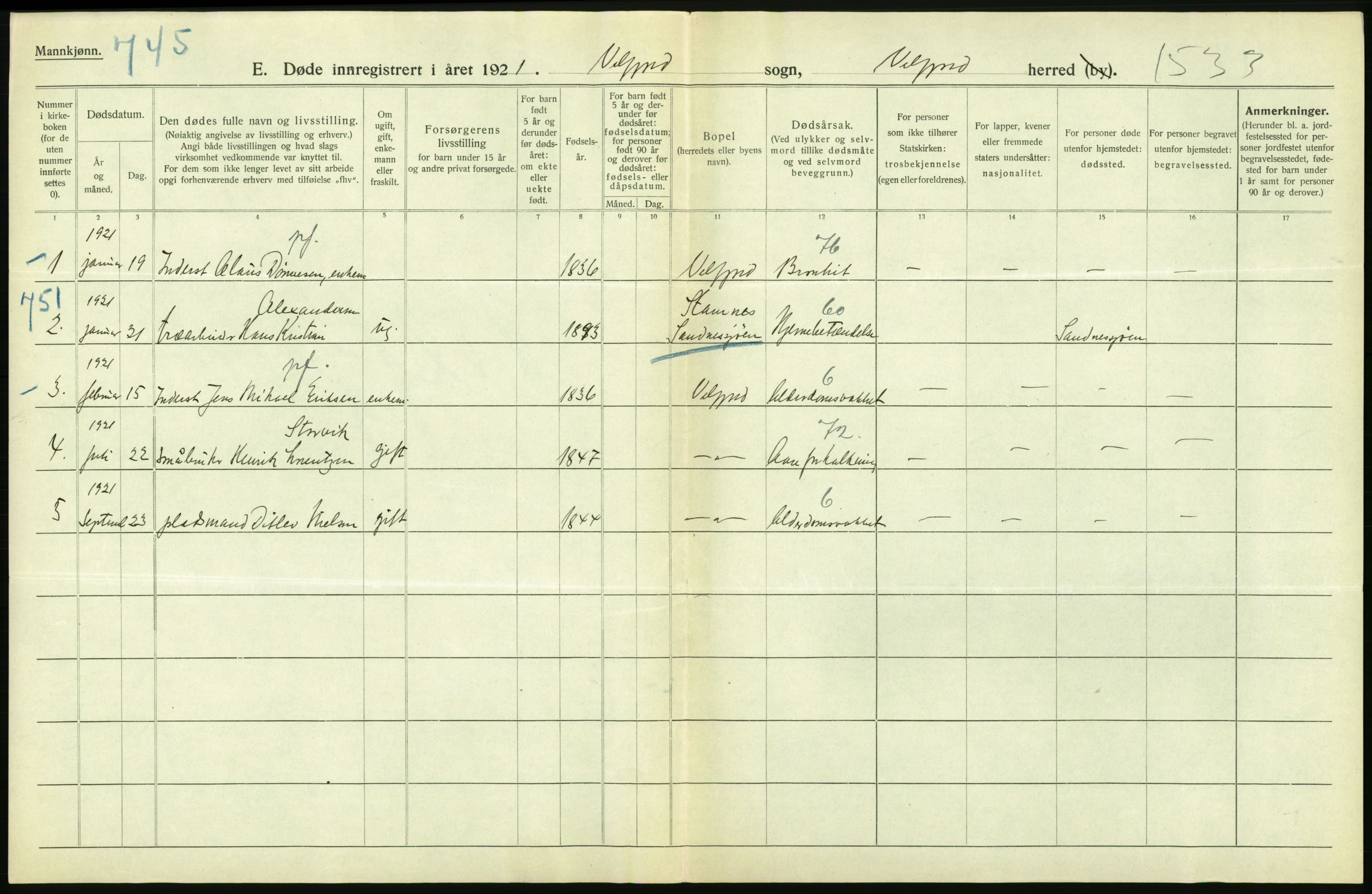 Statistisk sentralbyrå, Sosiodemografiske emner, Befolkning, AV/RA-S-2228/D/Df/Dfc/Dfca/L0051: Nordland fylke: Døde. Bygder og byer., 1921