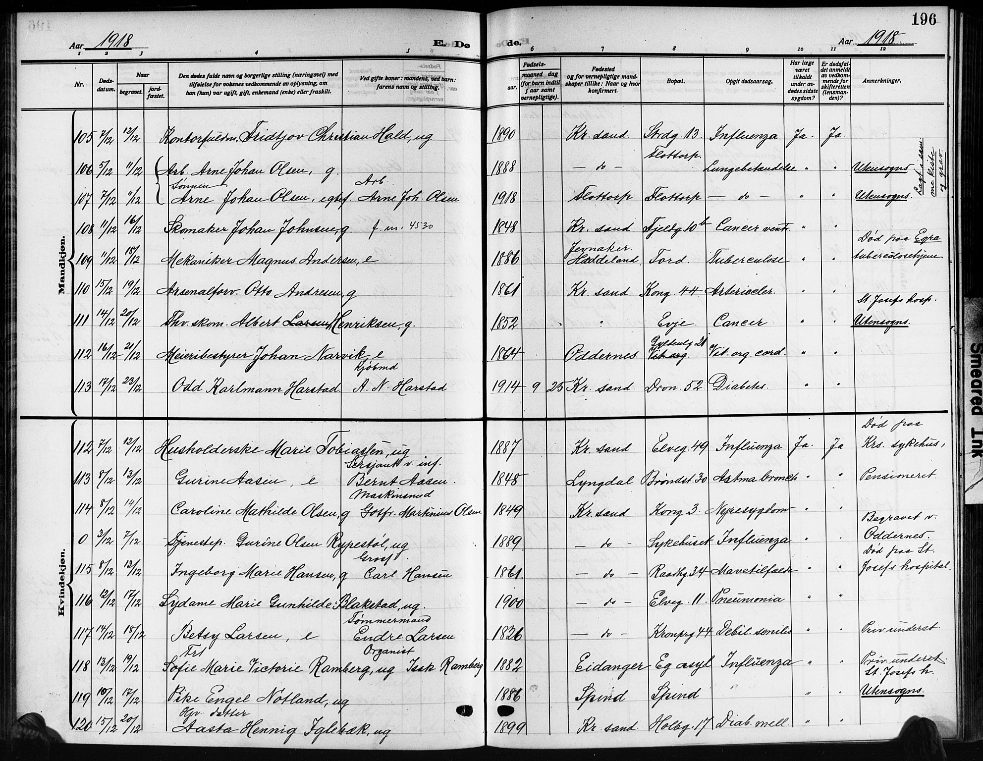 Kristiansand domprosti, AV/SAK-1112-0006/F/Fb/L0022: Klokkerbok nr. B 22, 1915-1925, s. 196