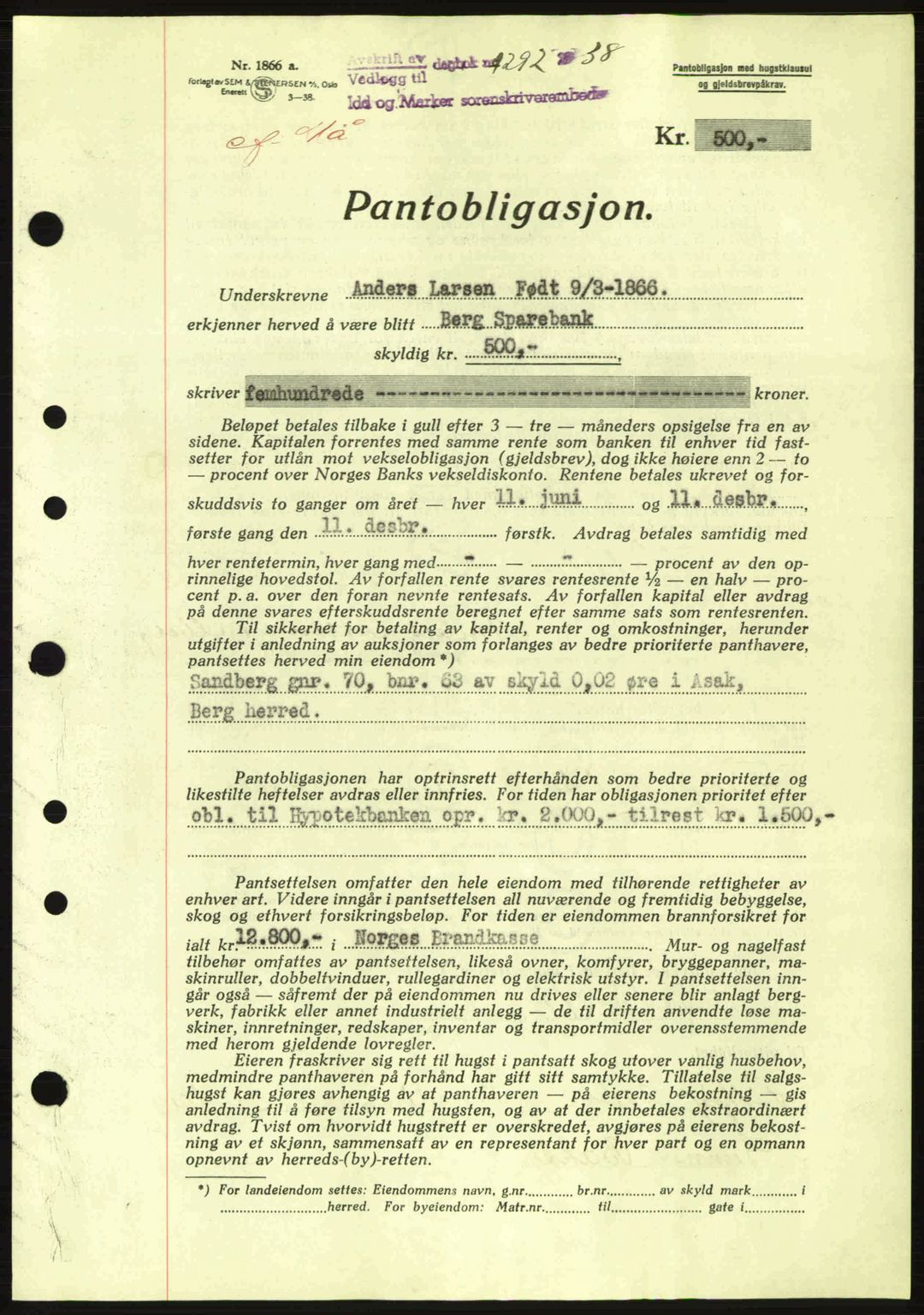 Idd og Marker sorenskriveri, AV/SAO-A-10283/G/Gb/Gbc/L0001: Pantebok nr. B1-3, 1936-1939, Dagboknr: 1292/1938