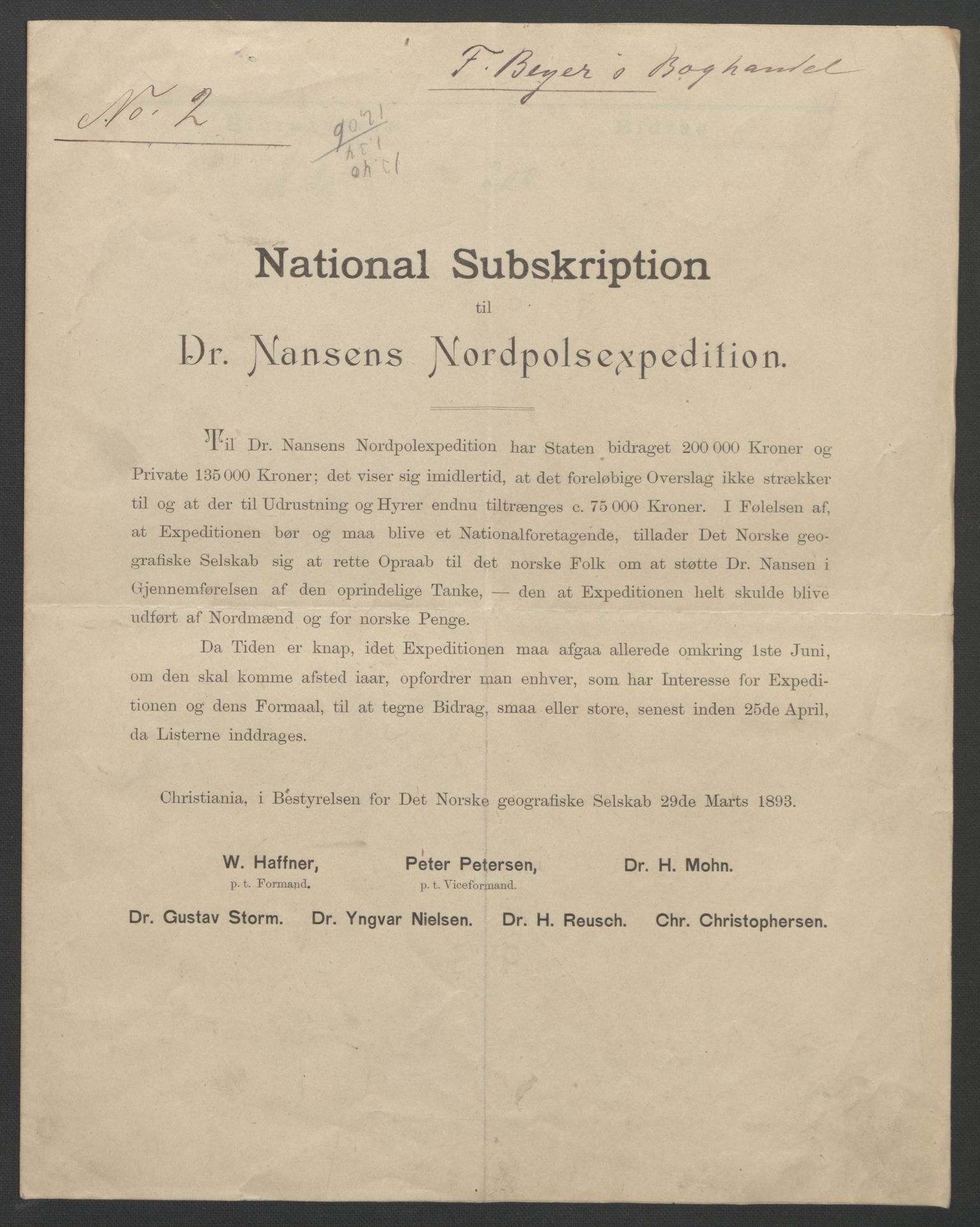 Arbeidskomitéen for Fridtjof Nansens polarekspedisjon, AV/RA-PA-0061/D/L0001/0006: Pengeinnsamlingen / Bidragslister med følgebrev, 1893, s. 6