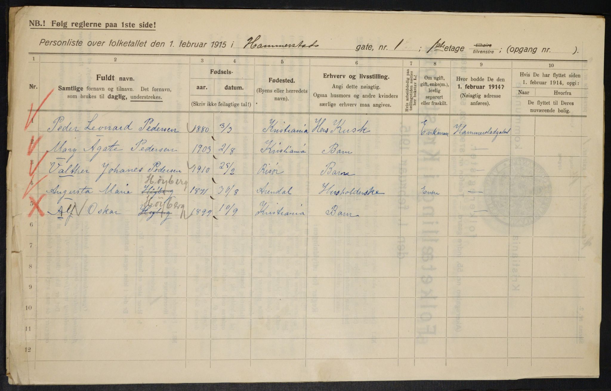 OBA, Kommunal folketelling 1.2.1915 for Kristiania, 1915, s. 34141