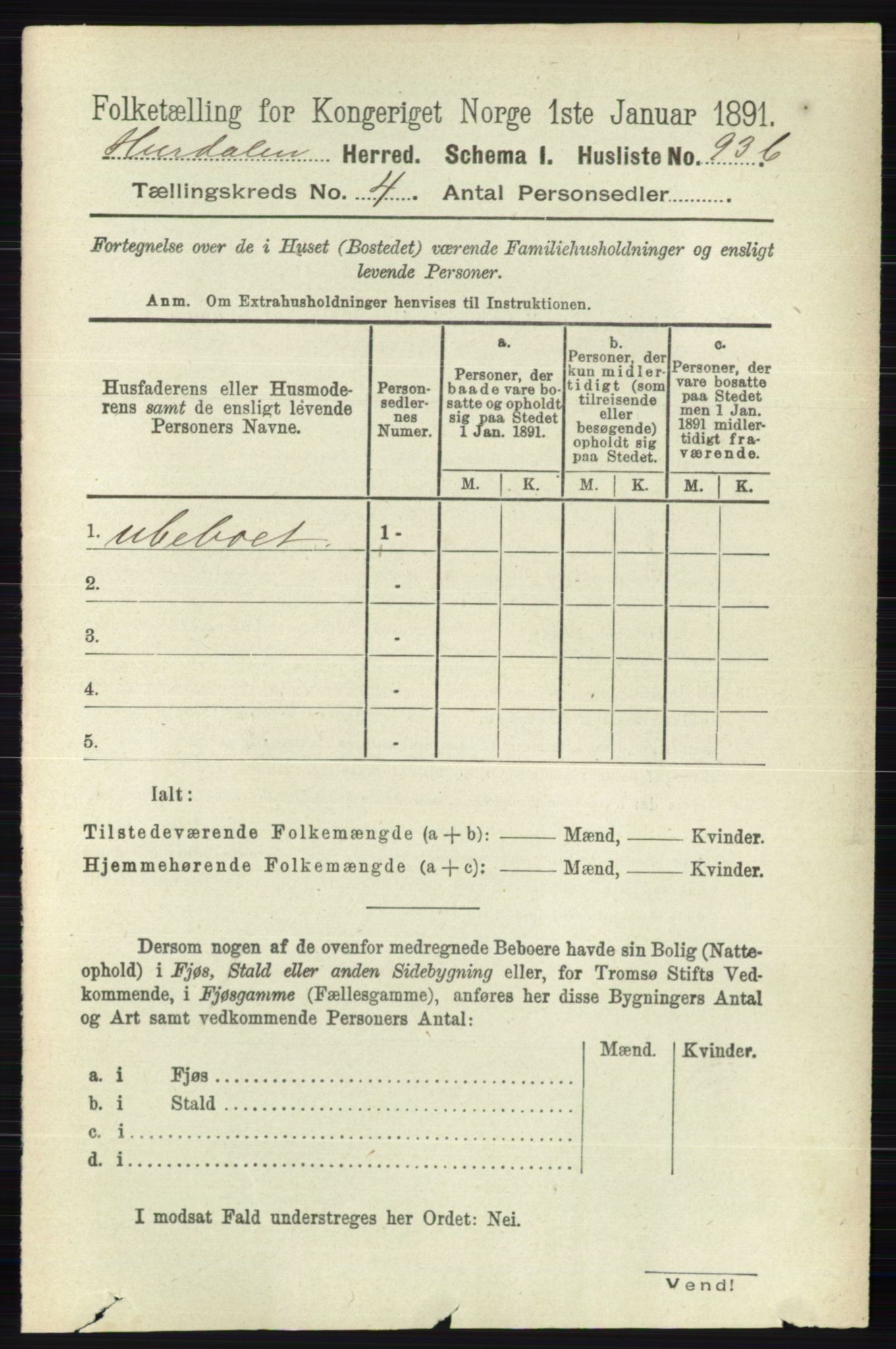 RA, Folketelling 1891 for 0239 Hurdal herred, 1891, s. 1422