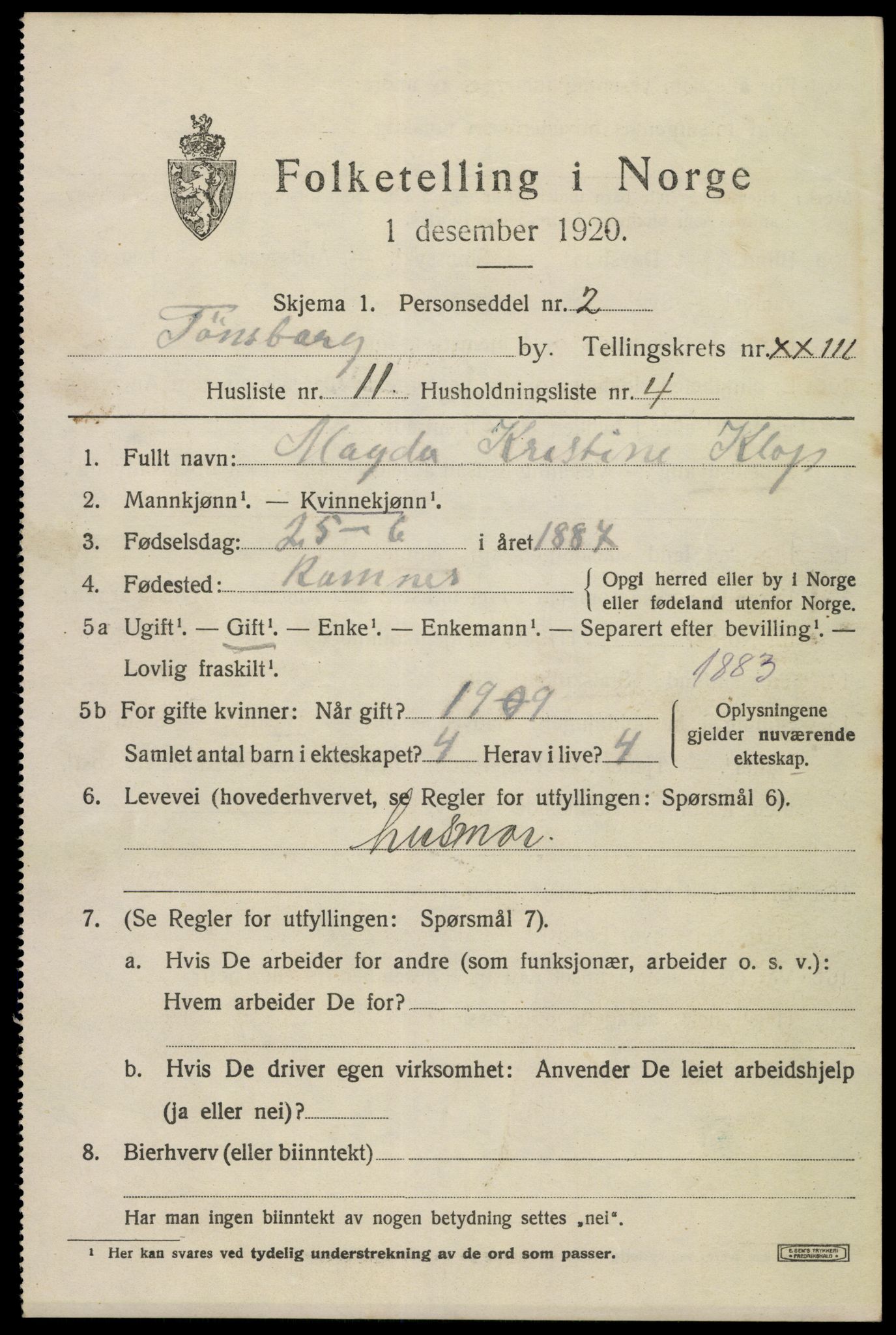 SAKO, Folketelling 1920 for 0705 Tønsberg kjøpstad, 1920, s. 32609