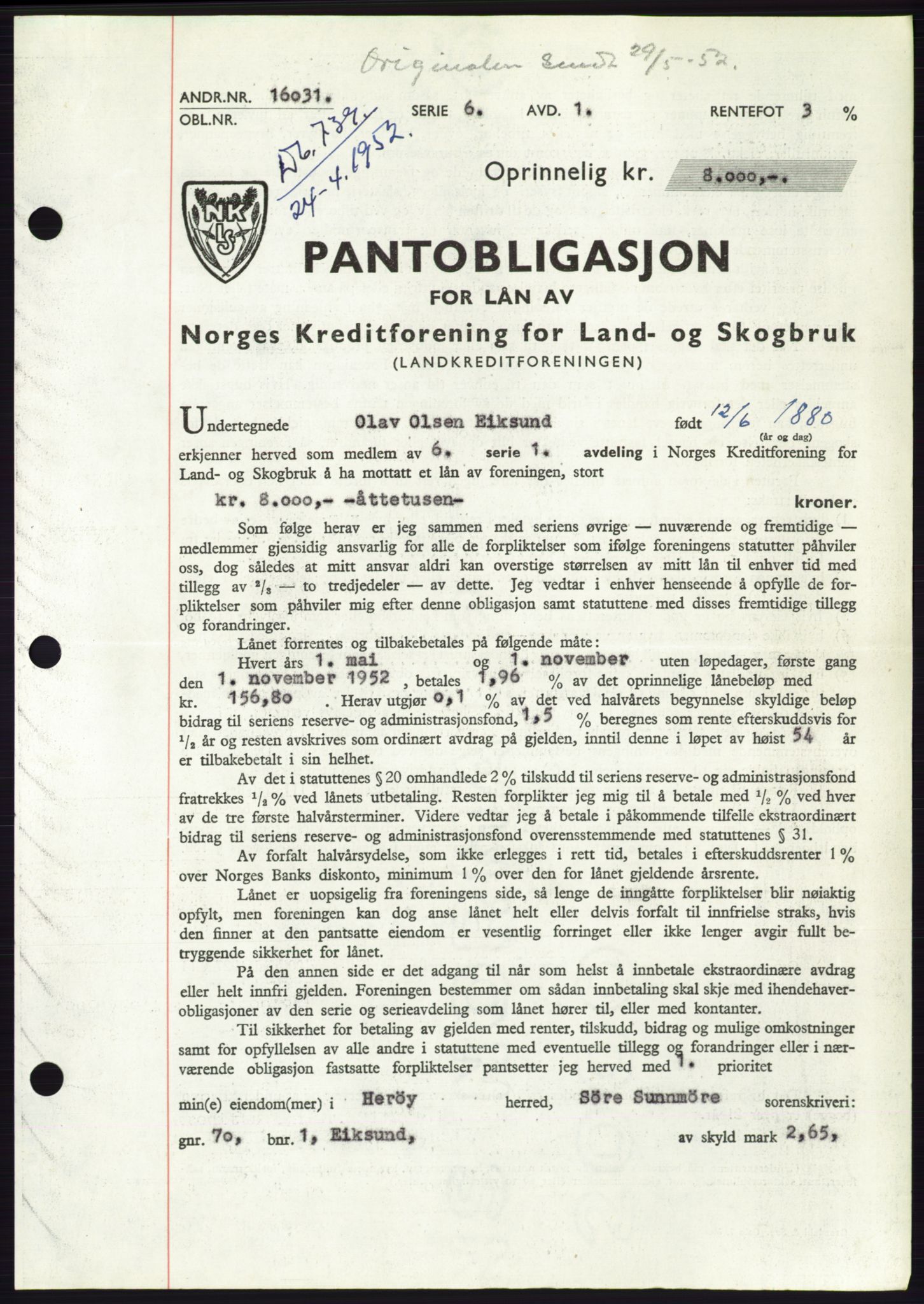 Søre Sunnmøre sorenskriveri, AV/SAT-A-4122/1/2/2C/L0121: Pantebok nr. 9B, 1951-1952, Dagboknr: 739/1952