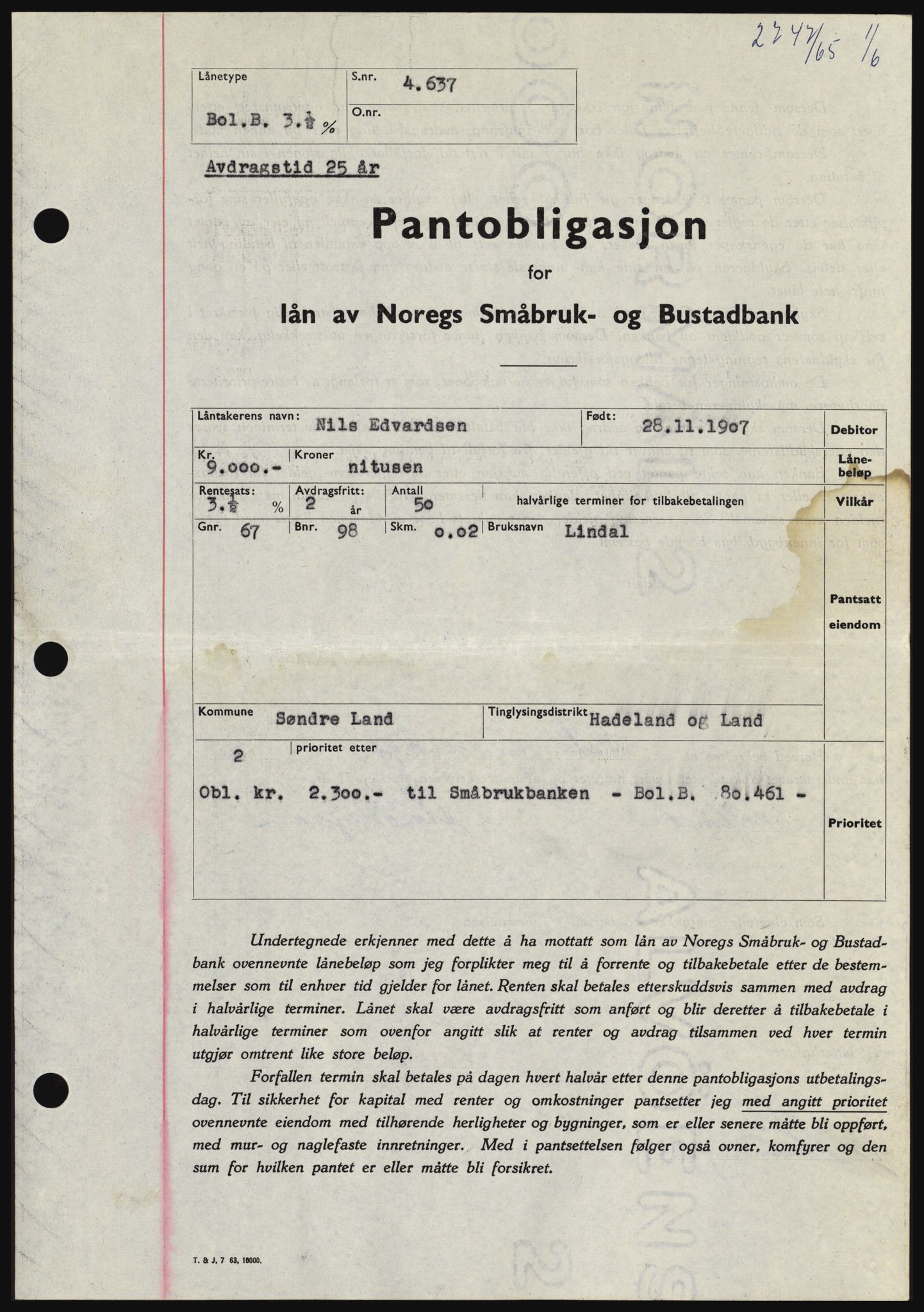 Hadeland og Land tingrett, SAH/TING-010/H/Hb/Hbc/L0059: Pantebok nr. B59, 1965-1965, Dagboknr: 2747/1965