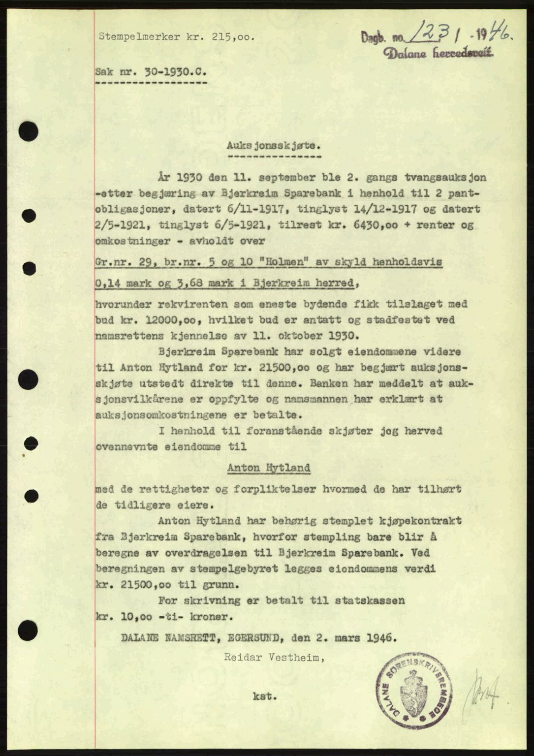 Dalane sorenskriveri, SAST/A-100309/02/G/Gb/L0049: Pantebok nr. A9, 1946-1947, Dagboknr: 123/1946