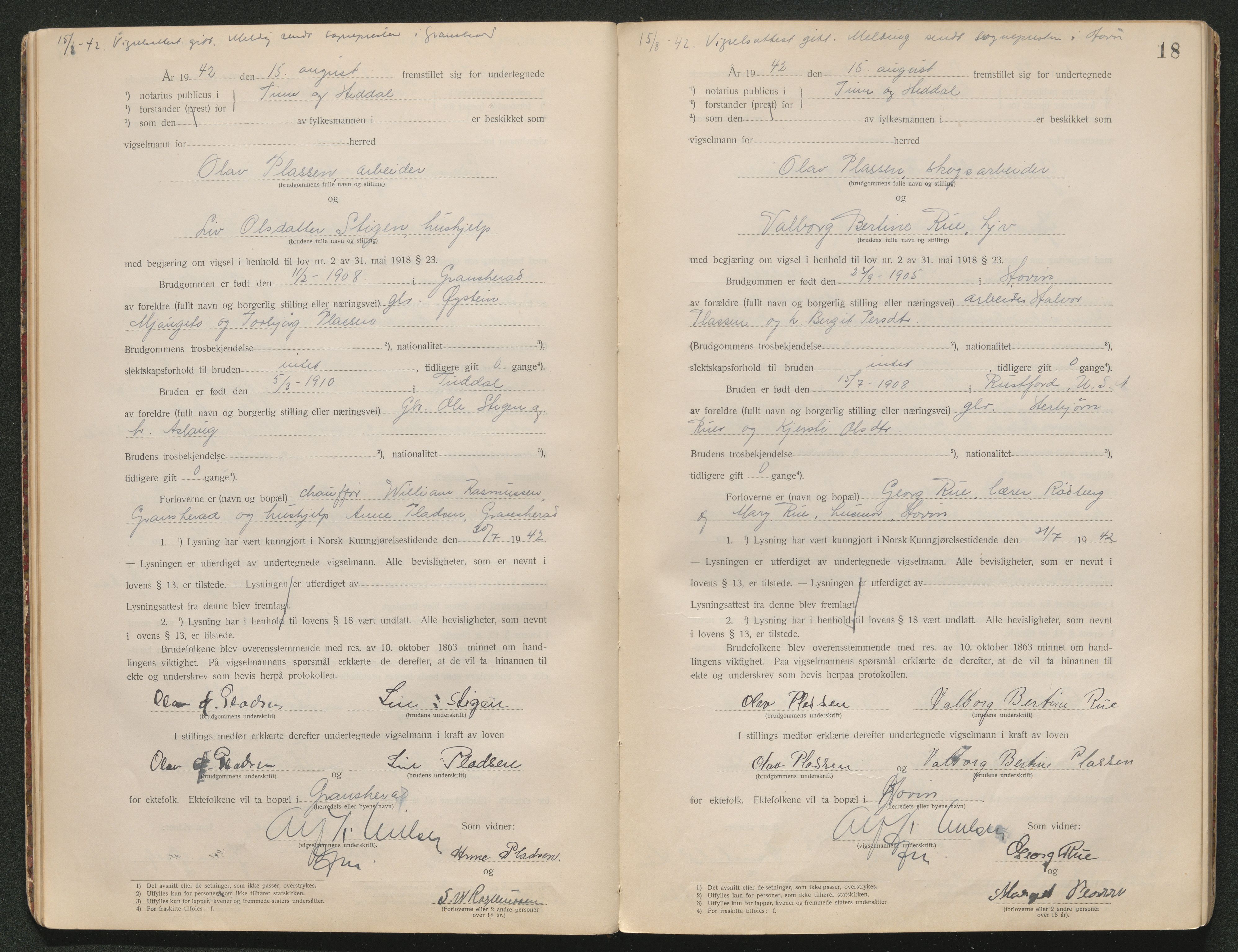 Tinn og Heddal sorenskriveri, AV/SAKO-A-212/L/La/L0003: Vigselsbok - , 1920-1945, s. 18