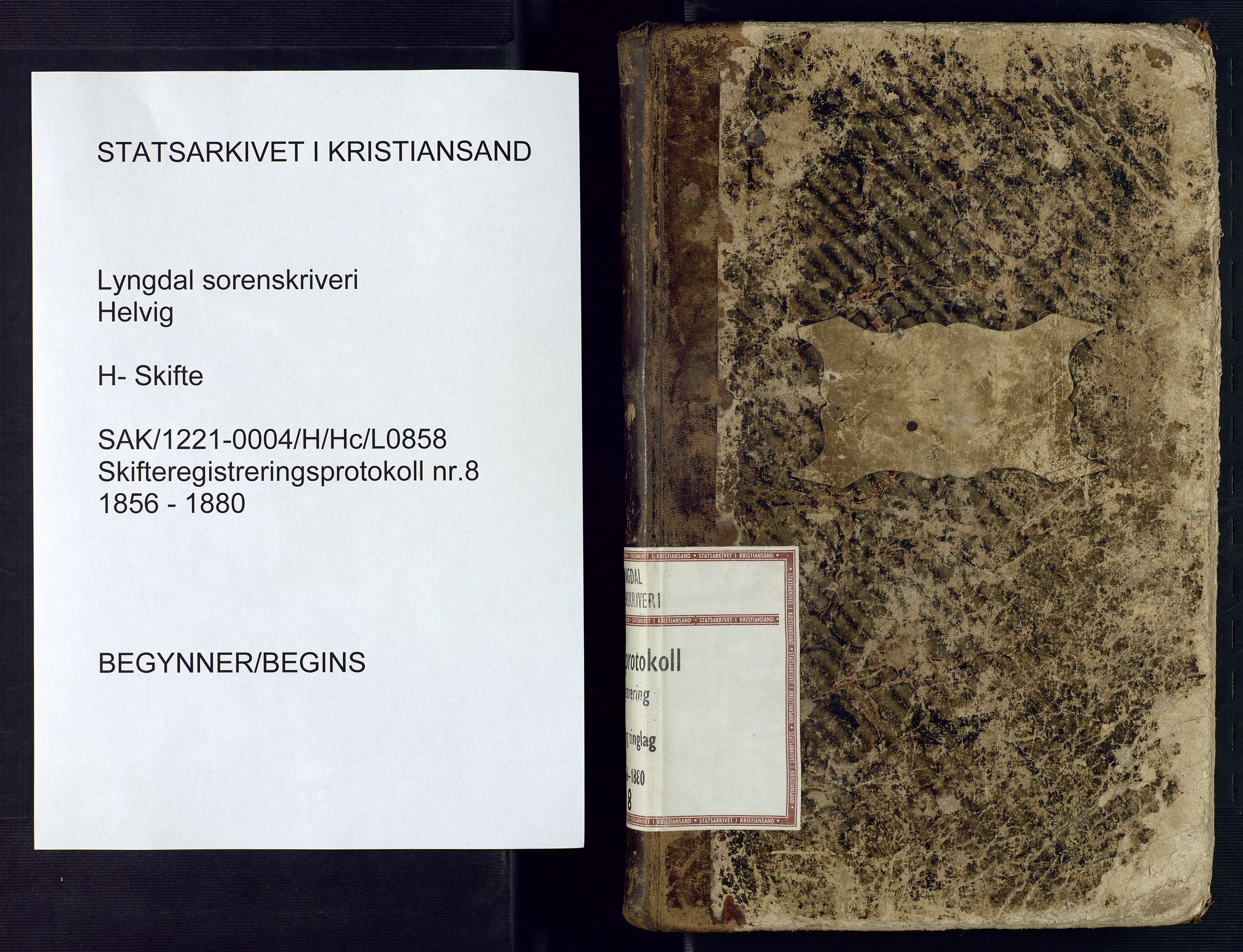 Lyngdal sorenskriveri, SAK/1221-0004/H/Hc/L0858: Skifteregistreringsprotokoll nr. 8, Helvig tinglag, 1856-1880