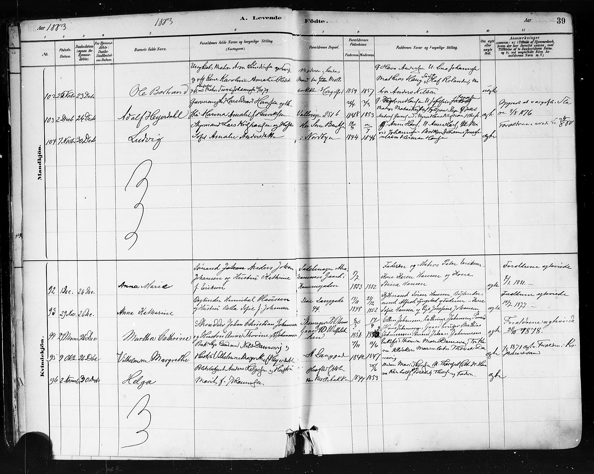 Tønsberg kirkebøker, AV/SAKO-A-330/F/Fa/L0011: Ministerialbok nr. I 11, 1881-1890, s. 39