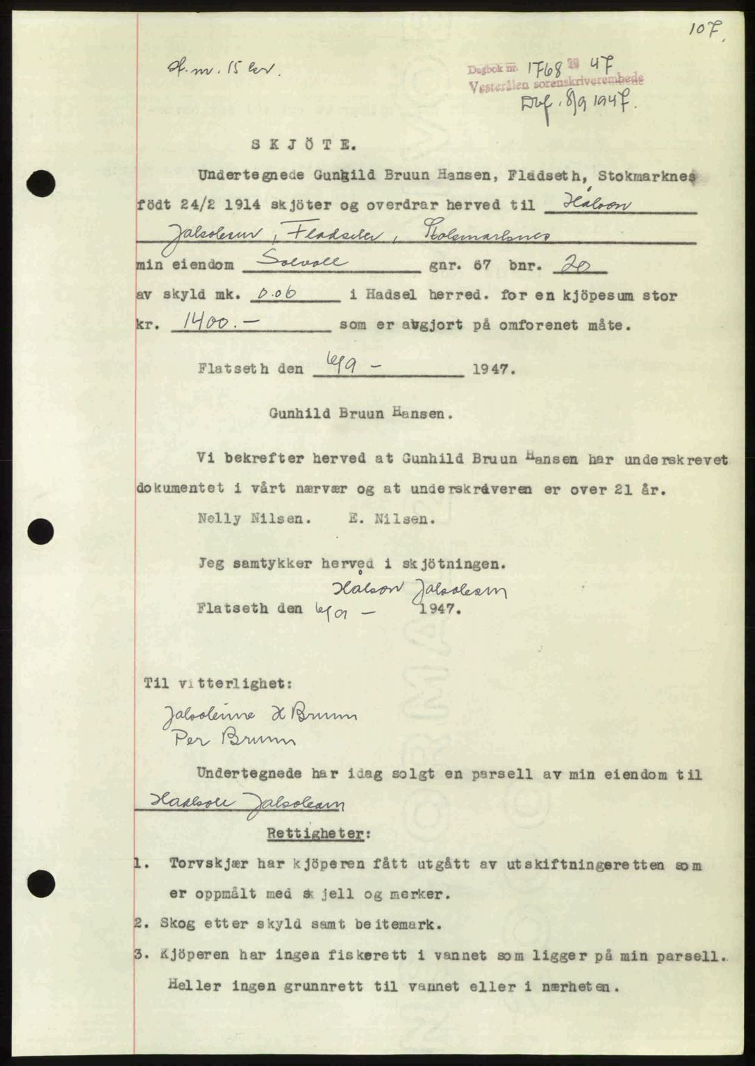 Vesterålen sorenskriveri, SAT/A-4180/1/2/2Ca: Pantebok nr. A21, 1947-1947, Dagboknr: 1768/1947