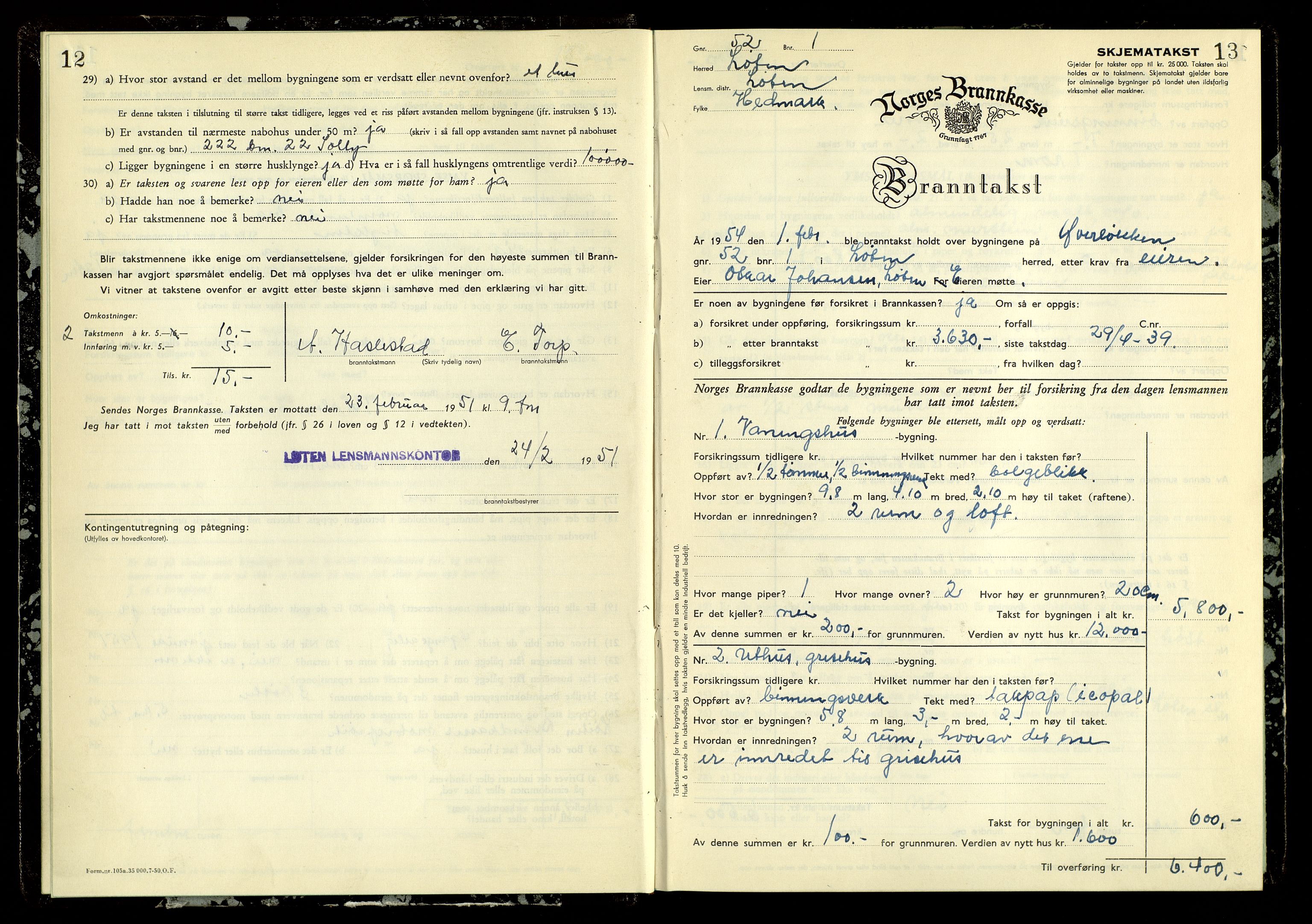 Norges Brannkasse, Løten, AV/SAH-NBRANL-007/F/L0006: Branntakstprotokoll, 1951-1954, s. 12-13