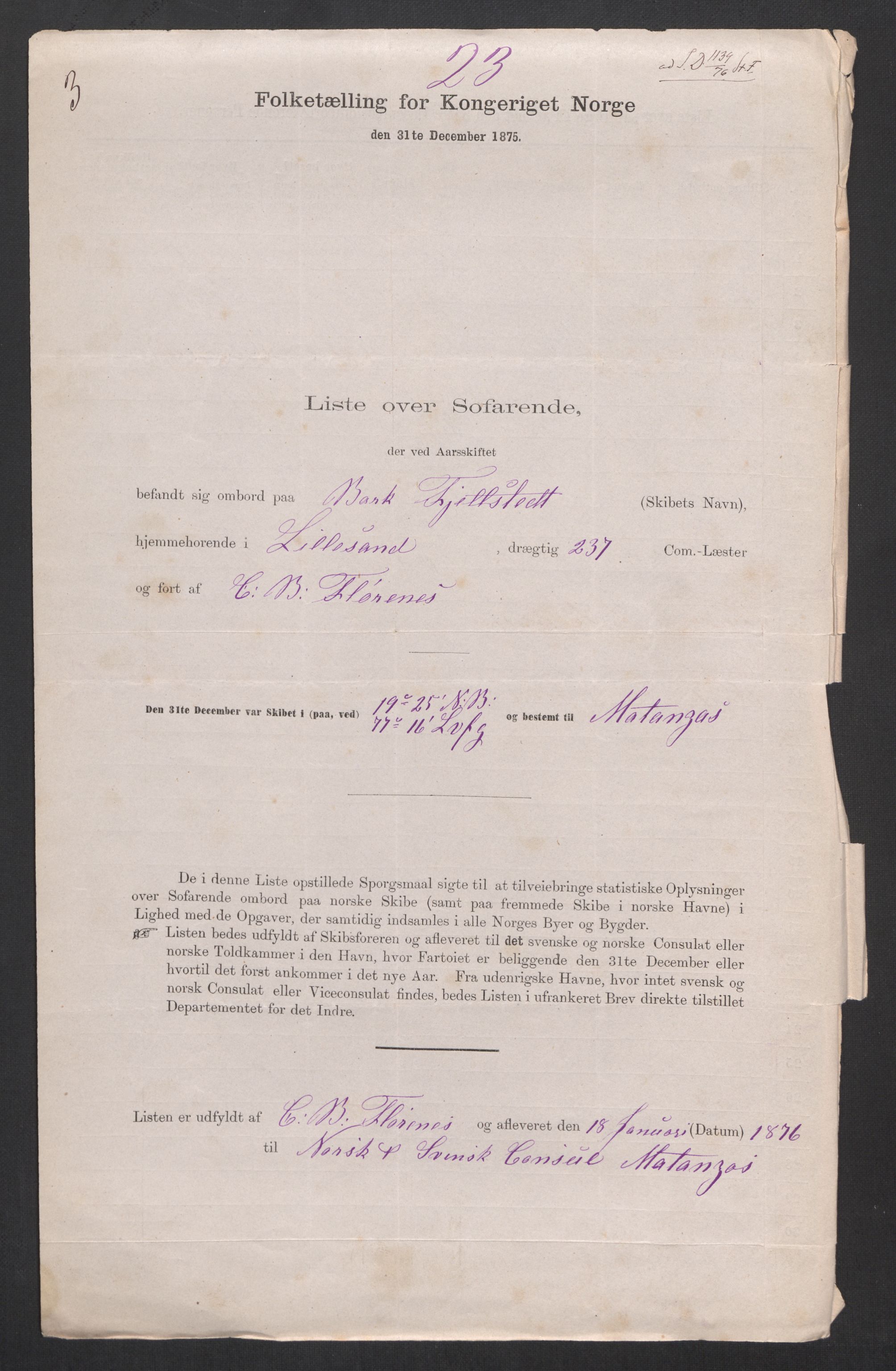 RA, Folketelling 1875, skipslister: Skip i utenrikske havner, hjemmehørende i 1) byer og ladesteder, Grimstad - Tromsø, 2) landdistrikter, 1875, s. 231