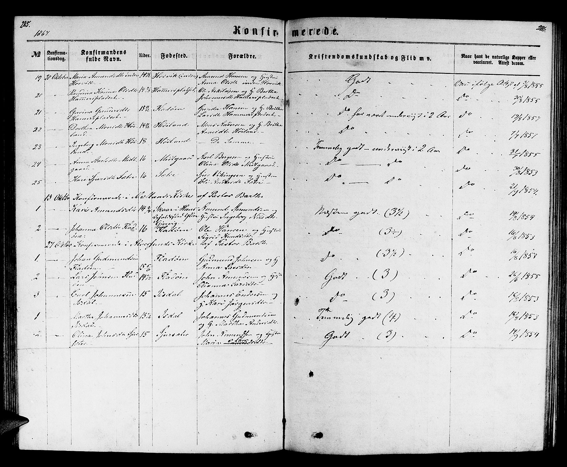 Hamre sokneprestembete, AV/SAB-A-75501/H/Ha/Hab: Klokkerbok nr. B 2, 1863-1880, s. 285-286