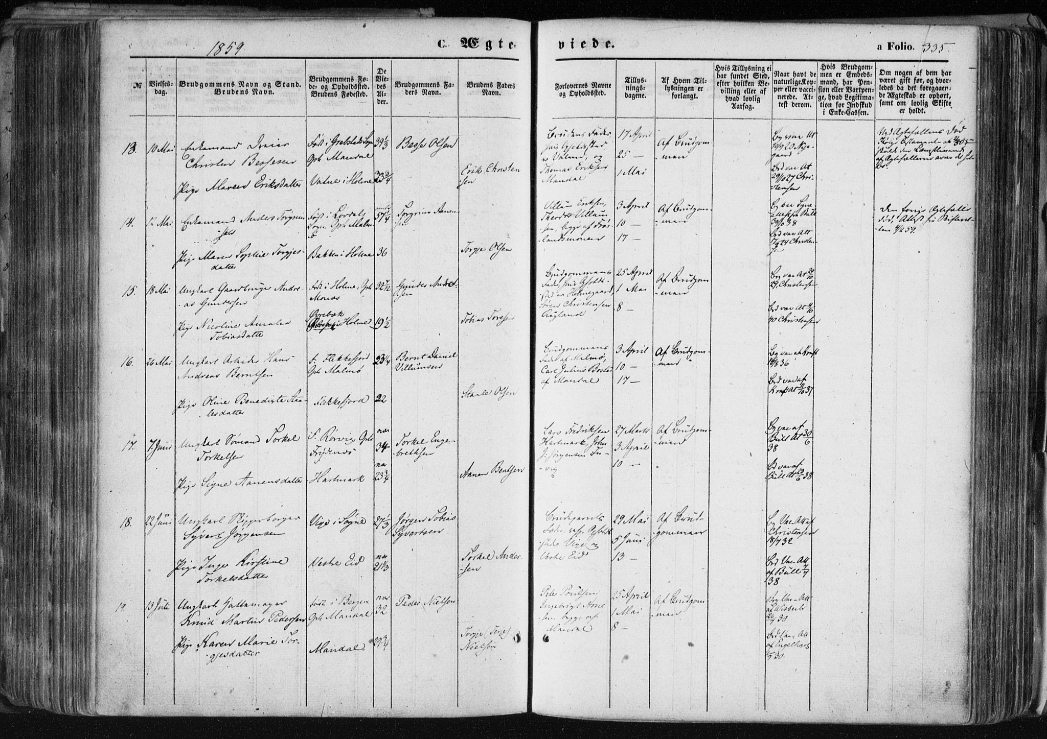 Mandal sokneprestkontor, SAK/1111-0030/F/Fa/Faa/L0014: Ministerialbok nr. A 14, 1859-1872, s. 335