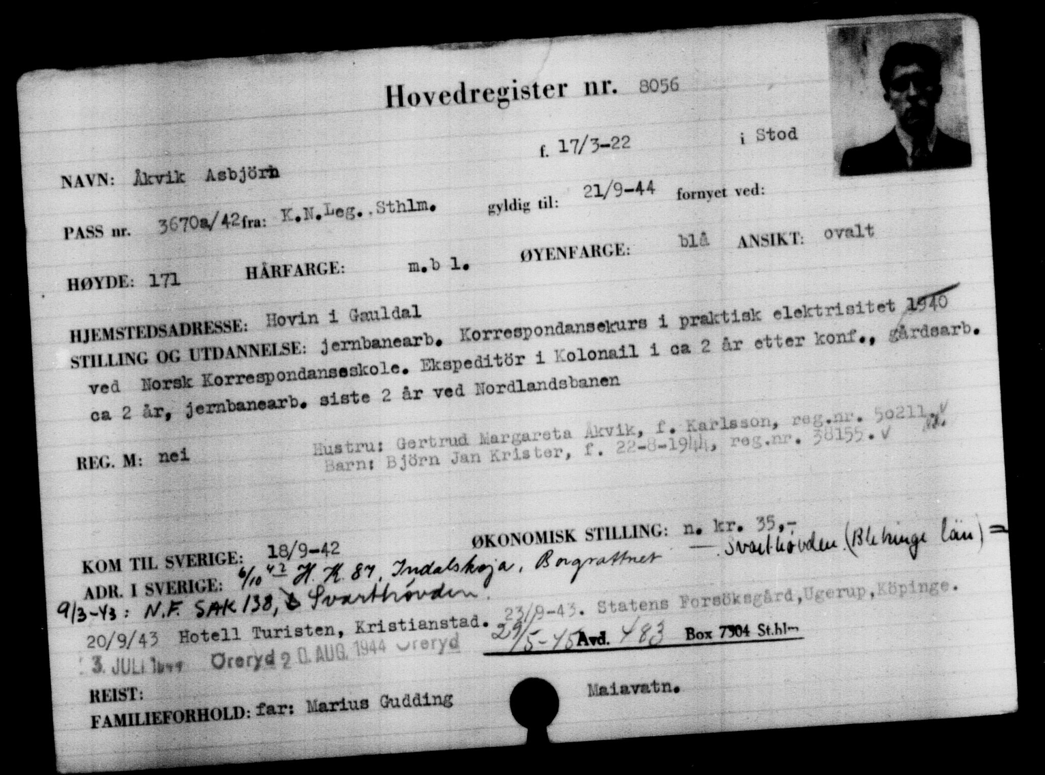 Utenriksstasjonene, Legasjonen i Stockholm, Flyktningkontoret, AV/RA-S-6753/V/Va/L0005: Kjesäterkartoteket, flyktninger med registreringsnr. 6600-9417, 1940-1945, s. 1703