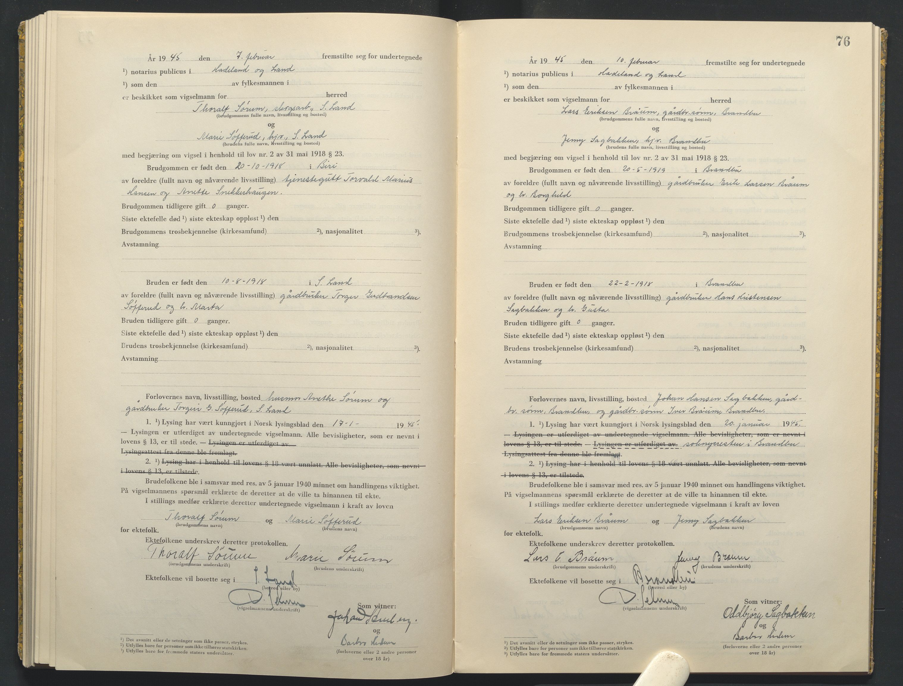 Hadeland og Land tingrett, AV/SAH-TING-010/L/Lb/L0003: Vigselbok, 1944-1946, s. 76