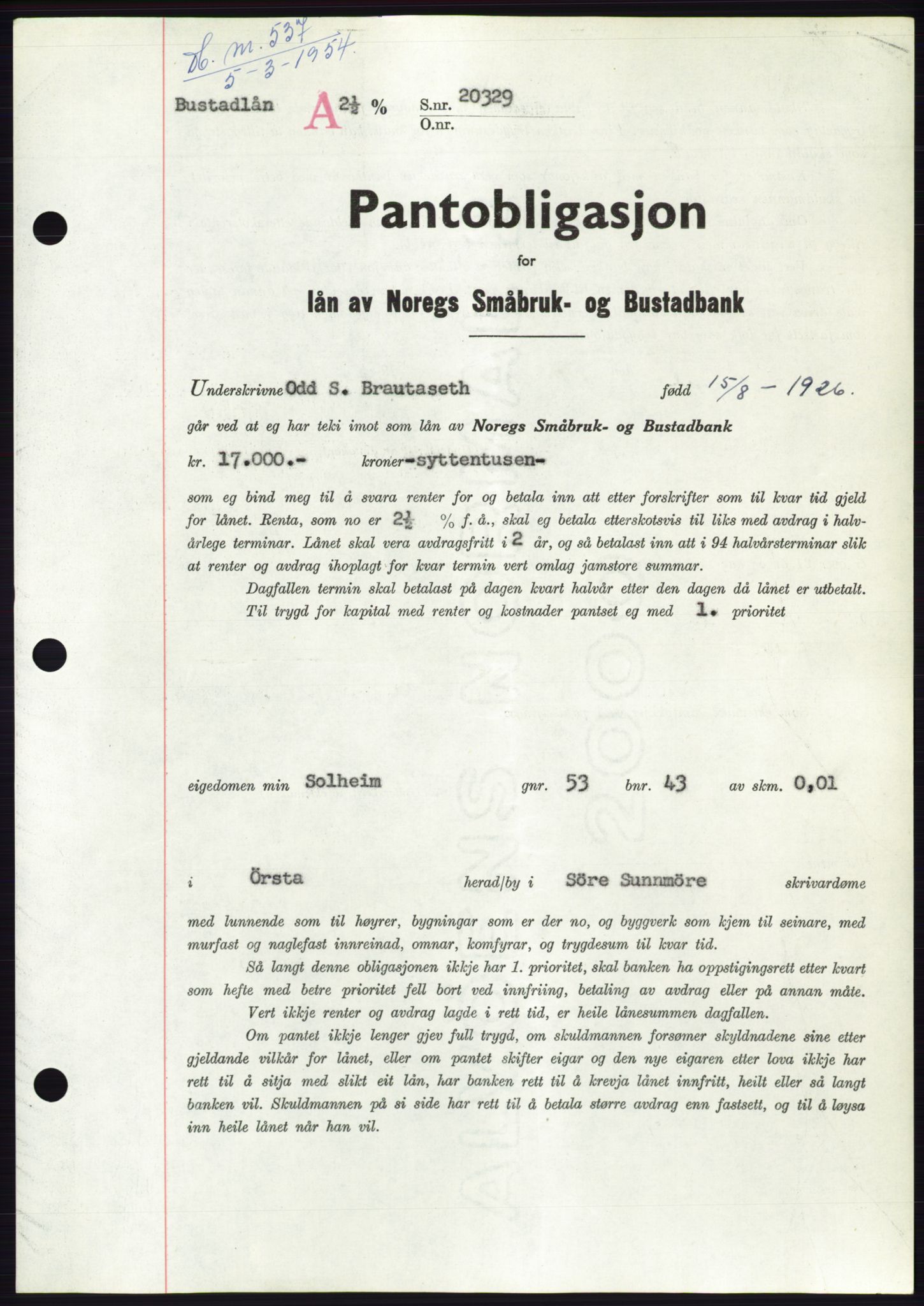 Søre Sunnmøre sorenskriveri, SAT/A-4122/1/2/2C/L0124: Pantebok nr. 12B, 1953-1954, Dagboknr: 537/1954