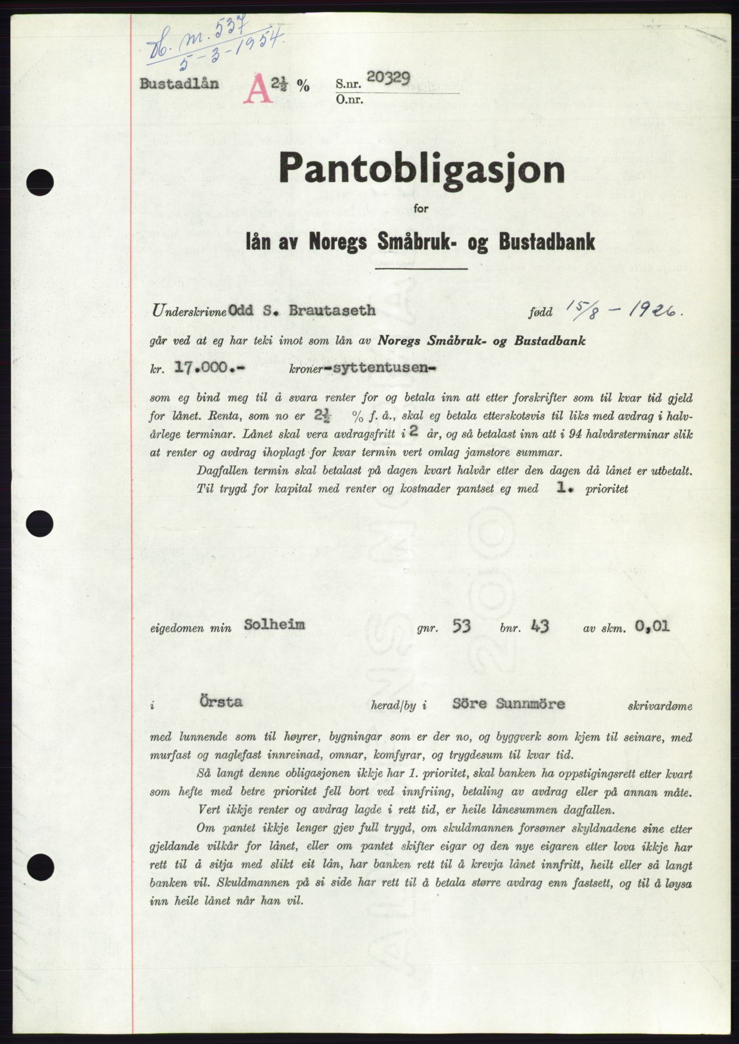 Søre Sunnmøre sorenskriveri, AV/SAT-A-4122/1/2/2C/L0124: Pantebok nr. 12B, 1953-1954, Dagboknr: 537/1954