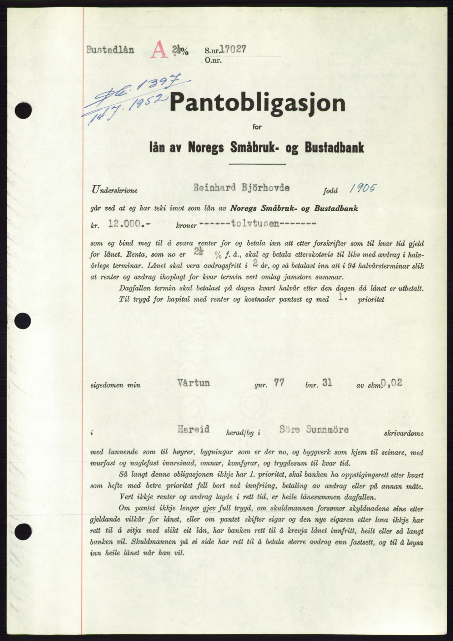 Søre Sunnmøre sorenskriveri, AV/SAT-A-4122/1/2/2C/L0121: Pantebok nr. 9B, 1951-1952, Dagboknr: 1397/1952